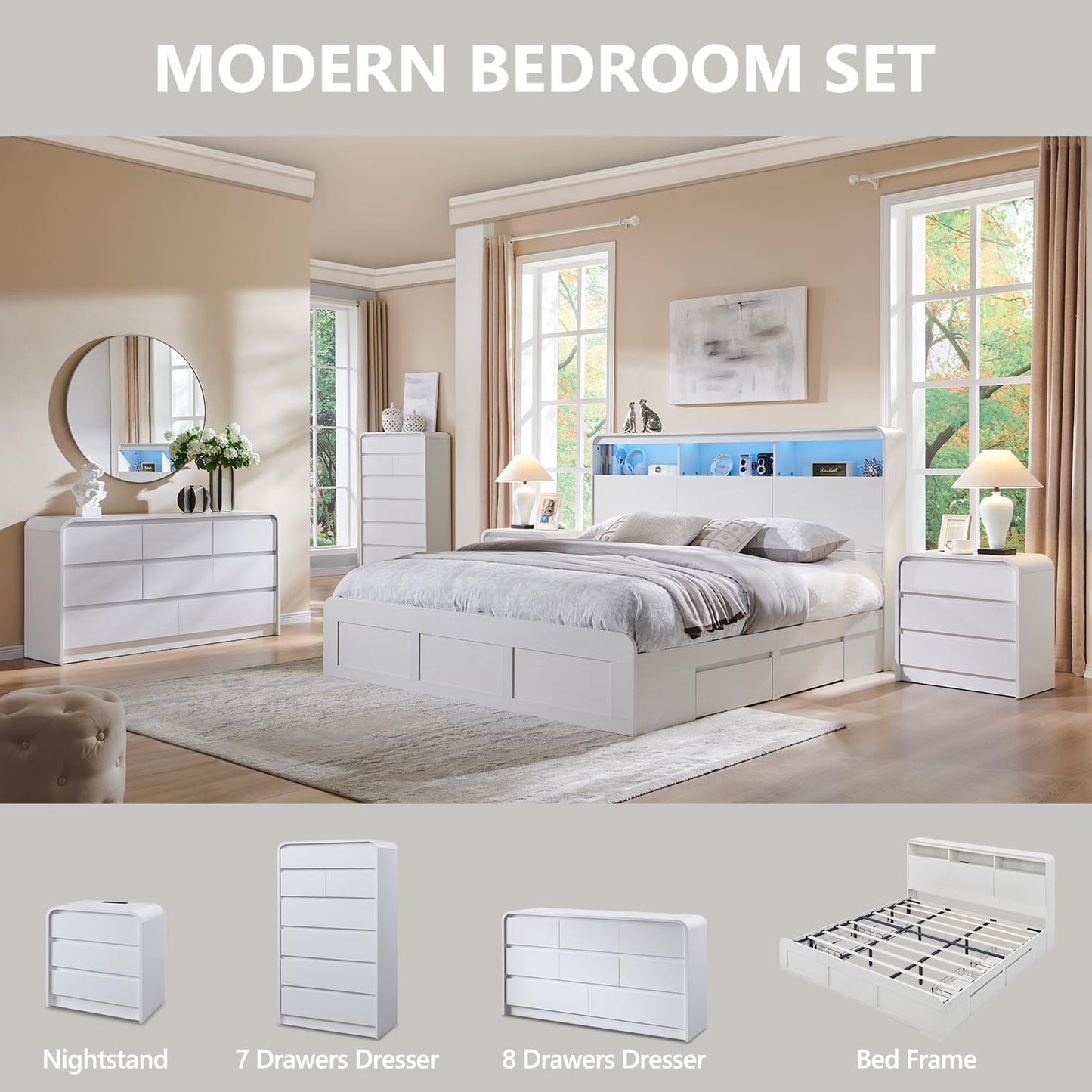 25" Tall Modern Nightstand with Charging Station, 23.6'' Wide Wood Bedside Table w/3 Storage Drawers, Small Dresser w/Curved Profile Design, End Table for Bedroom, White