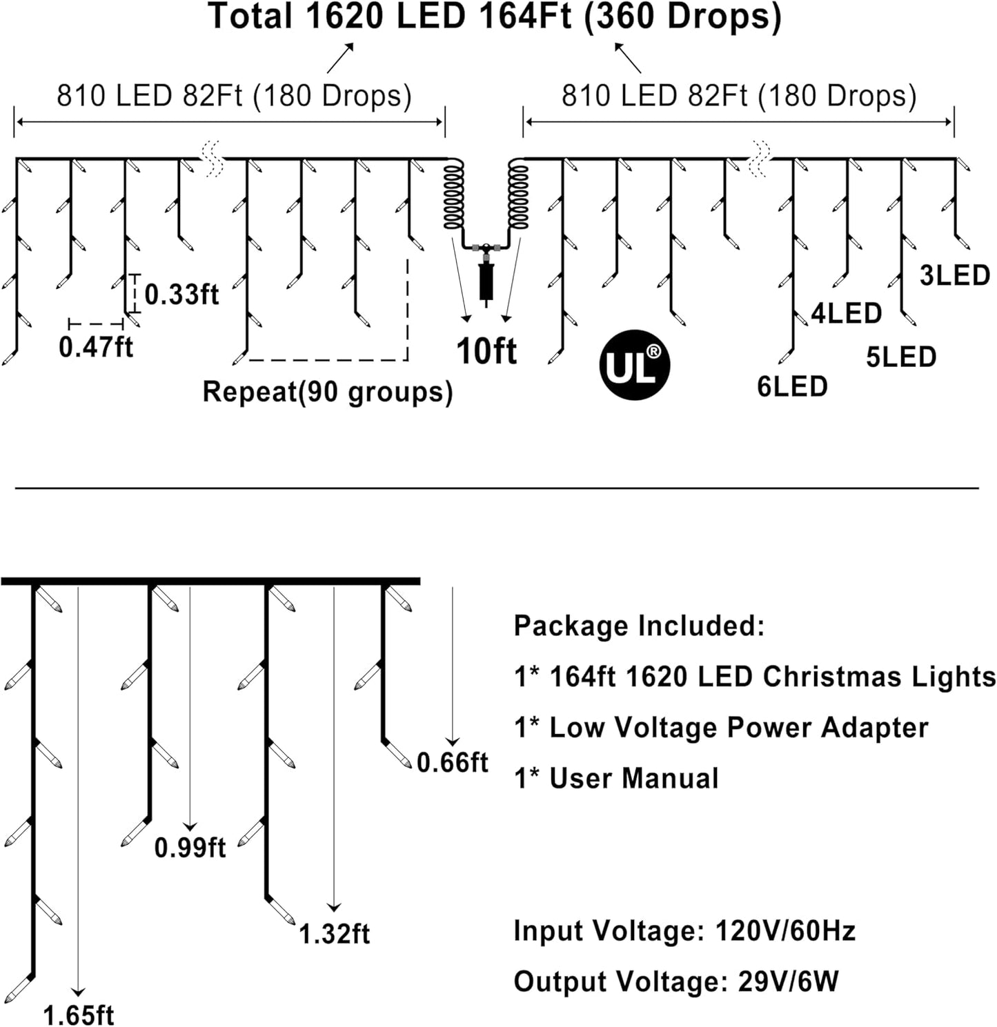 1620 LED Christmas Outdoor Lights with 360 Drops, 164ft Hanging Curtain Lights with 8 Modes Timer & Memory, Waterproof Christmas Fairy Lighs for House Roof Holiday Wedding Christmas Decor (Warm White)
