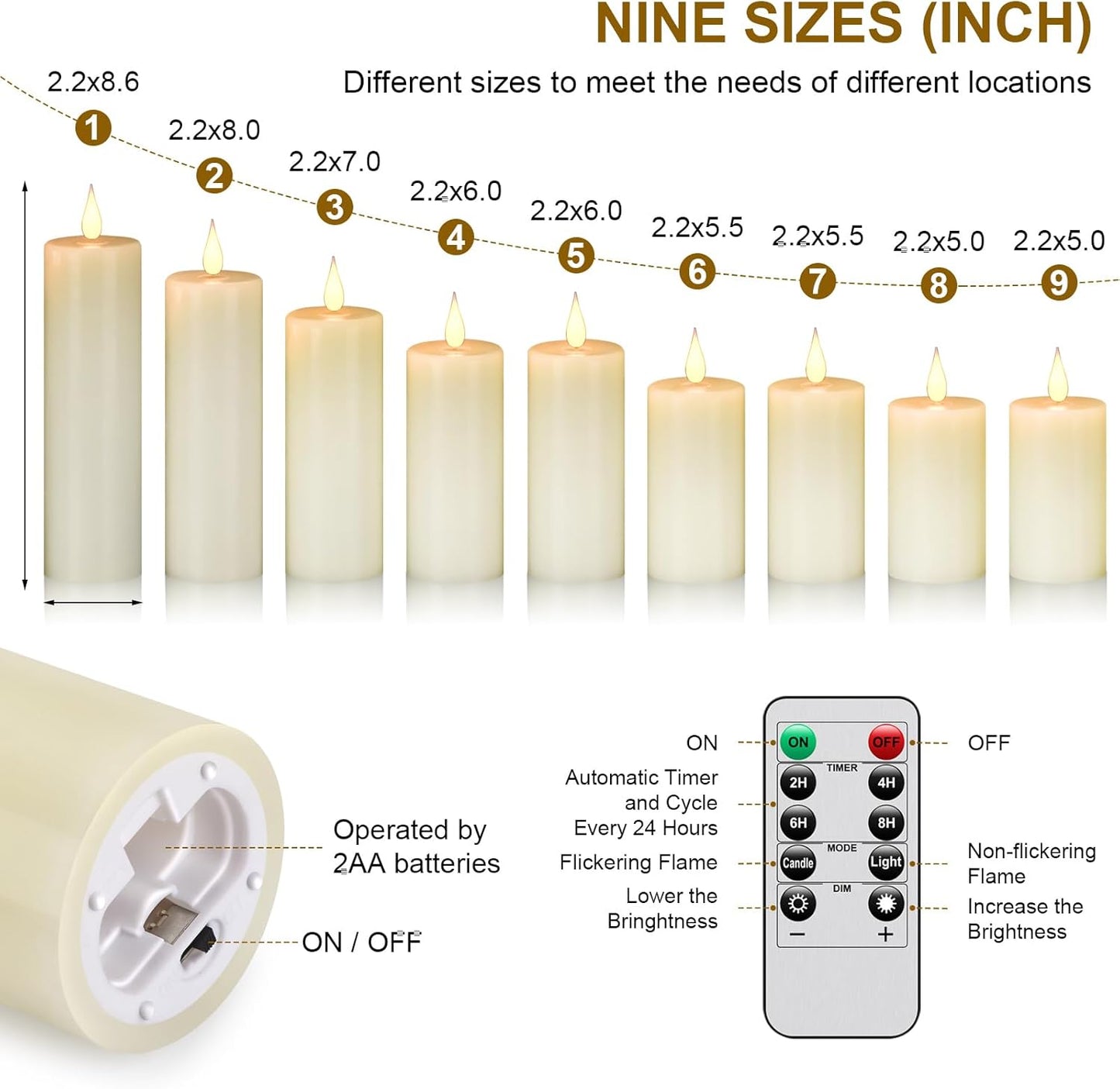 Flameless Battery Operated LED Candles 3D Wick with10 Key Button Remote Control 24-Hour Timer Set of 9 Electric Flickering Pillar Real Wax ApplyTo Party, Wedding,Dinner, Home Decoration