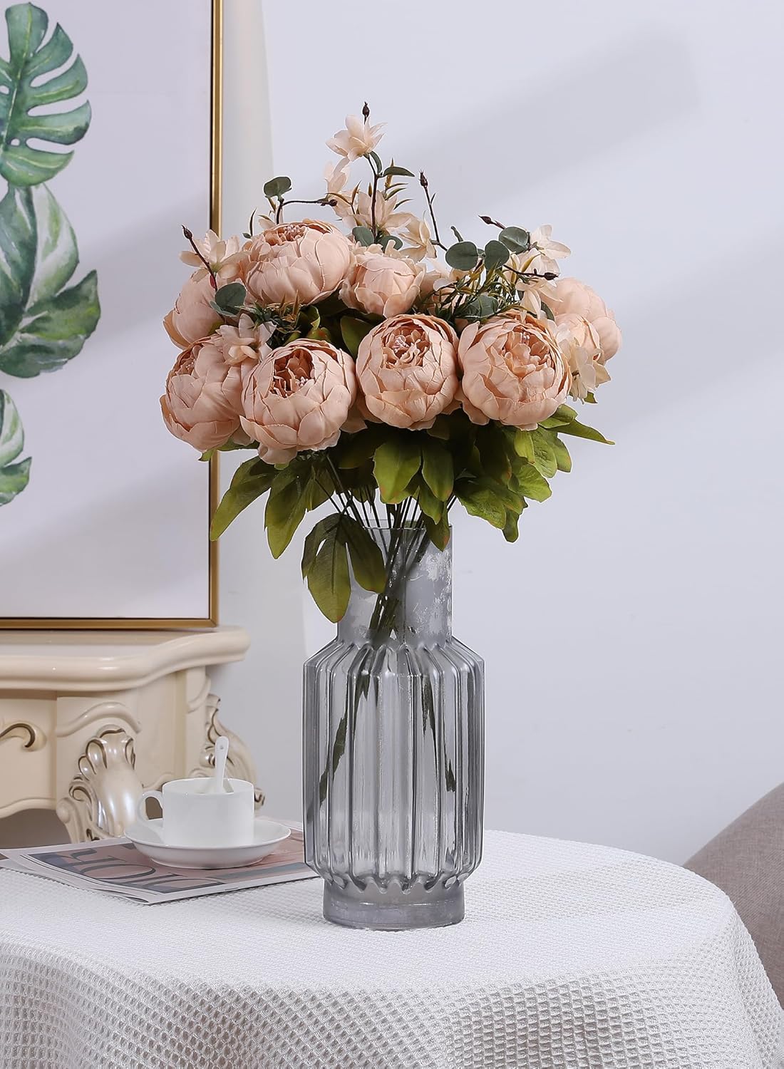 Duovlo Artificial Peony Silk Flowers Fake Flowers Vintage Wedding Home Decoration,Pack of 1 (Light Champagne)