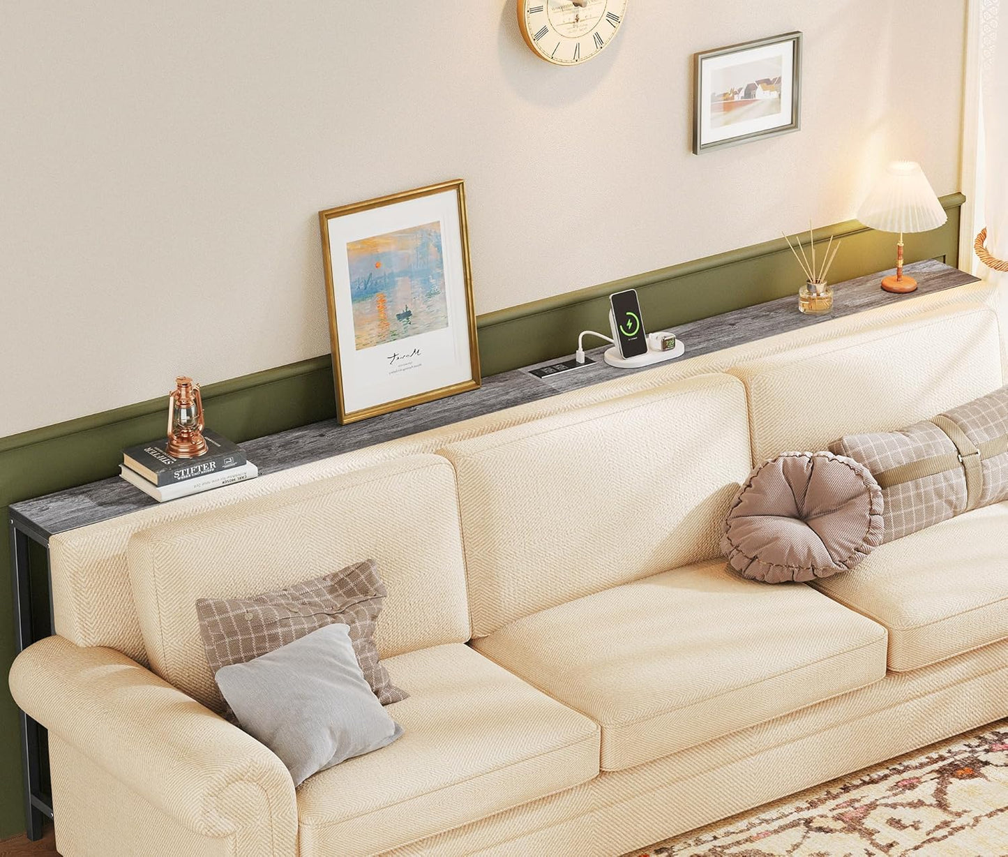 SUPERJARE 78.7 Inch Console Table with Outlet, Sofa Table with Charging Station, Narrow Hallway Entryway Table, Behind Couch Table, for Living Room, Charcoal Gray