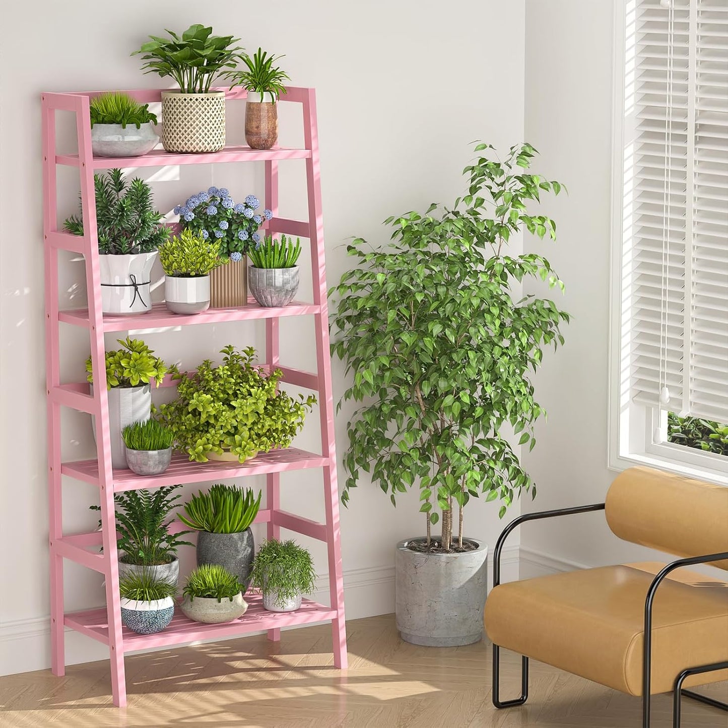 Homykic Bamboo Ladder Bookshelf, 4-Tier Ladder Shelf Open Book Shelf Freestanding Bookcase Bathroom Storage Rack Plant Stand for Living Room, Bedroom, Office, Easy Assembly, Pink