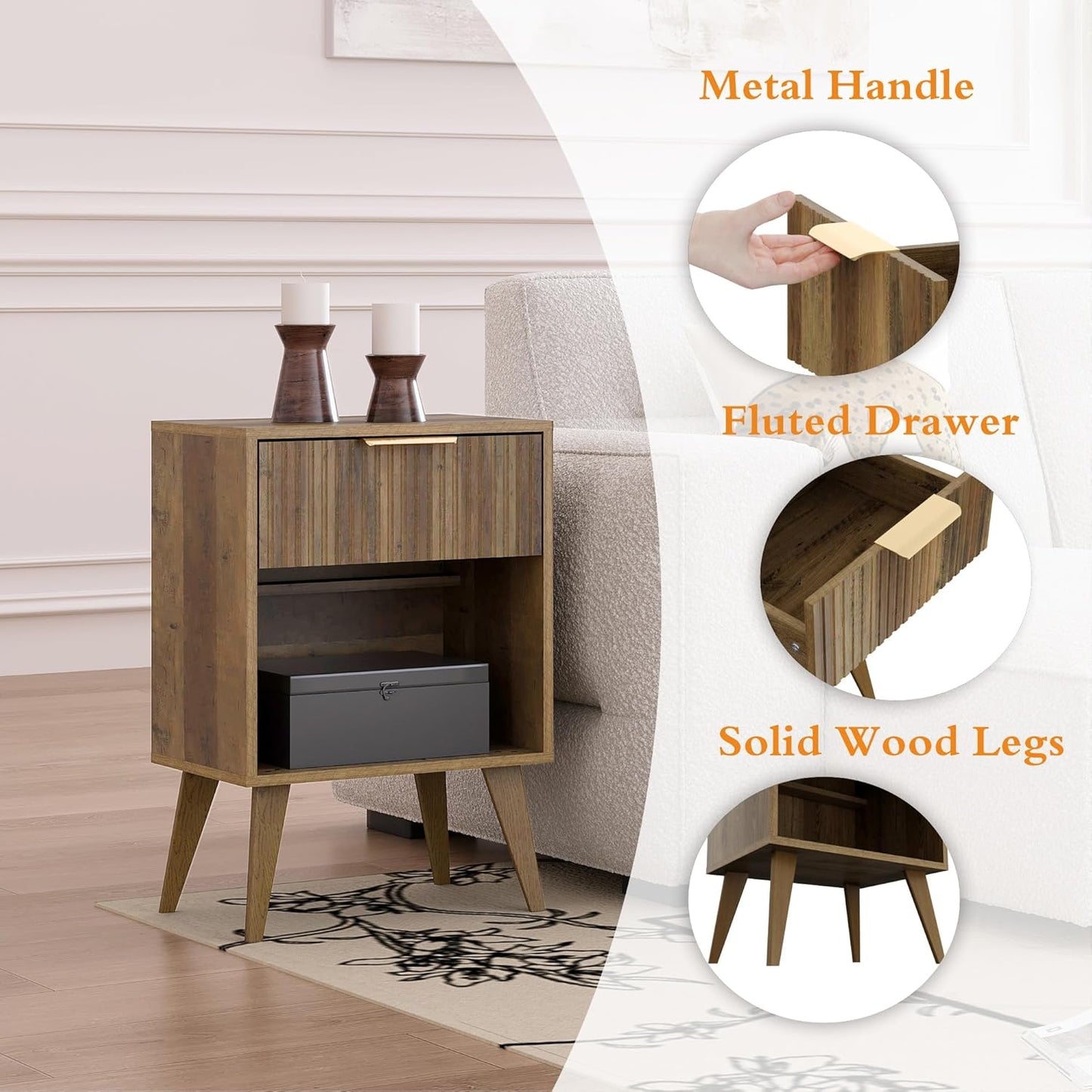 Fluted Night Stand with Opening Storage,Mid Century Bedside Table with Drawer,Wood Nightstand with Solid Wood Legs,End Table Side Table for Living Room,Bedroom,Caramel Oak CTG56BR