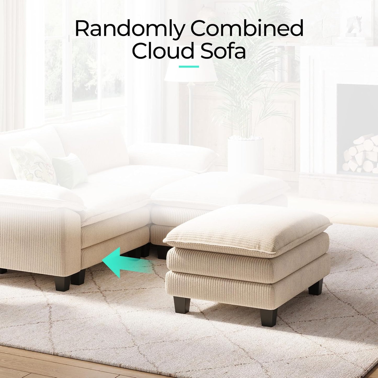 LINSY HOME Sectional Sleeper Sofa - 90'' Modular Cloud Couch Oversized Corduroy Sofa Bed with Movable Ottoman Soft Modern Comfy Couch Set for Living Room Apartment Office, Beige