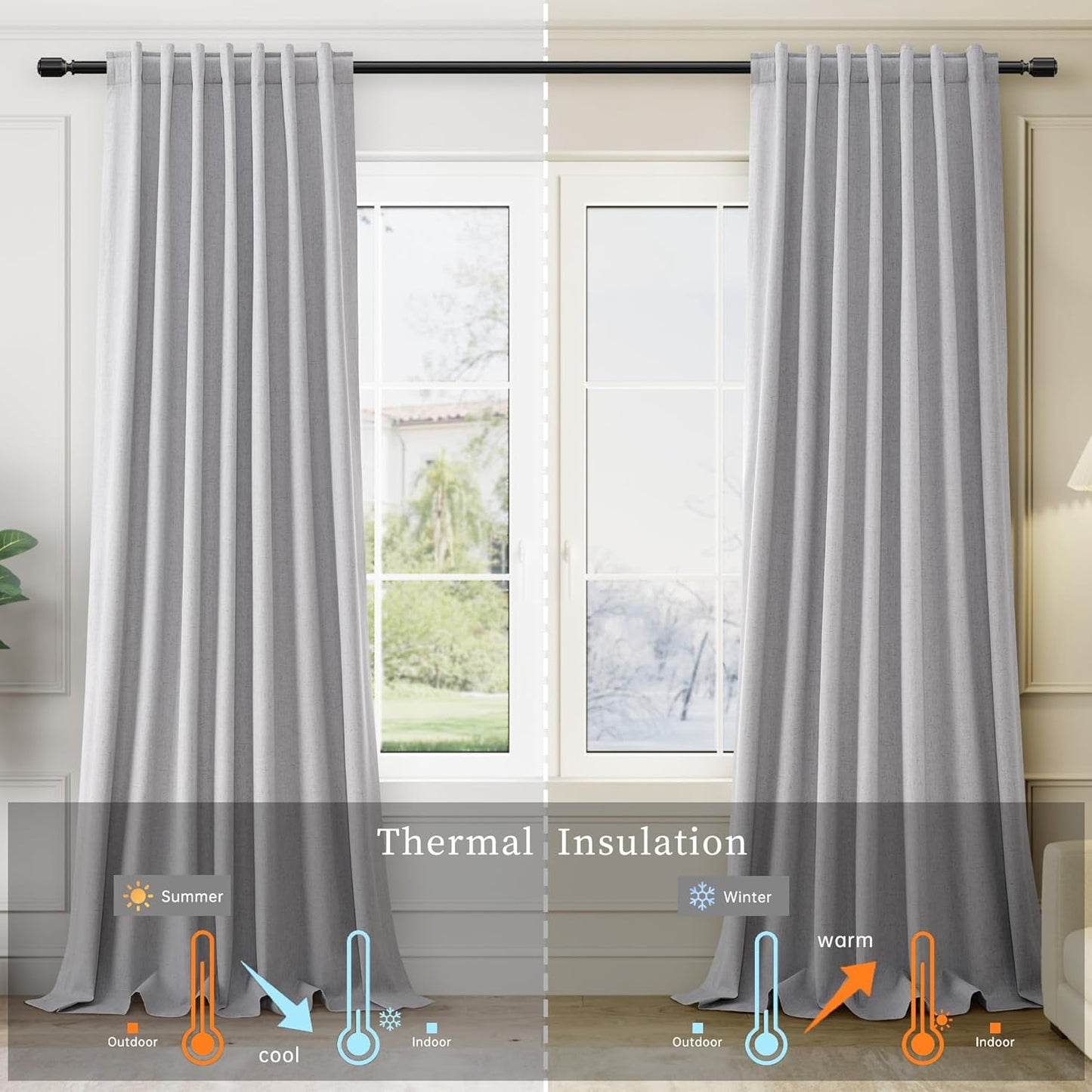 Light Grey Linen Blackout Curtains 63 Inches Long 2 Panels Set Back Tab Rod Pocket 100% Black Out Room Darkening Window Curtains Noise Reducing Gray Linen Textured Modern Heat Blocking Drapes 52x63