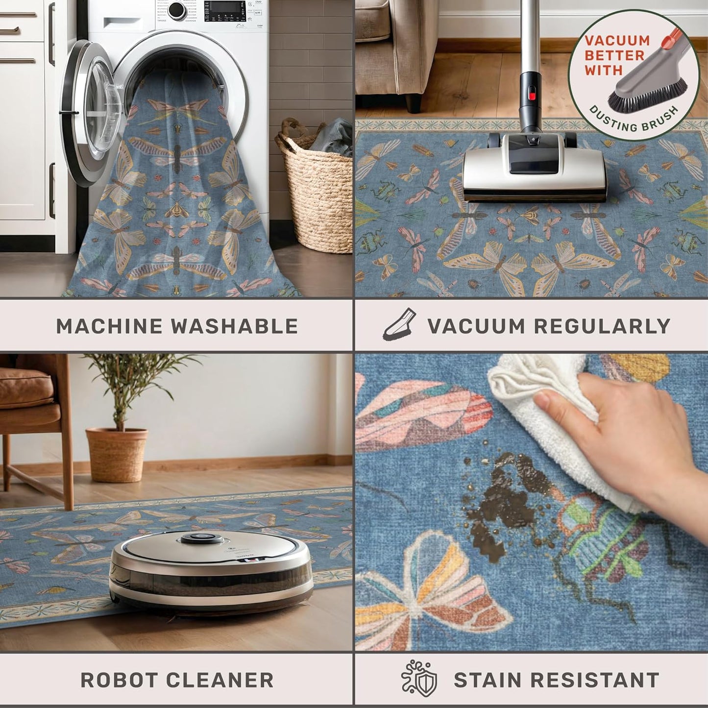 Washable Blue Rugs for Bedroom Bedside - 3x5 Laundry Room Rug for Large Kitchen, Entrance Indoor, Boho Insect Print Bug Décor, Non Slip Low Pile Fade Resistant