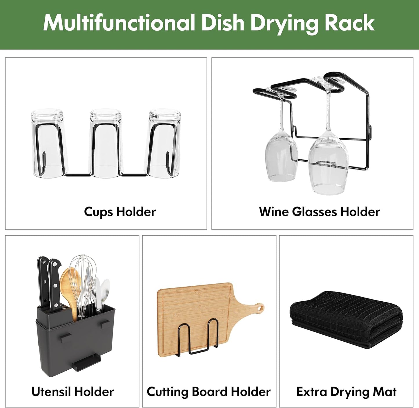 2 Tier Black Large Stainless Steel Dish Drainers Drying Rack for Kitchen Counter with Drainboard, Rust Proof Metal, Space Saving, Modern Aesthetic, Compact Plates Strainers with Extra Mat