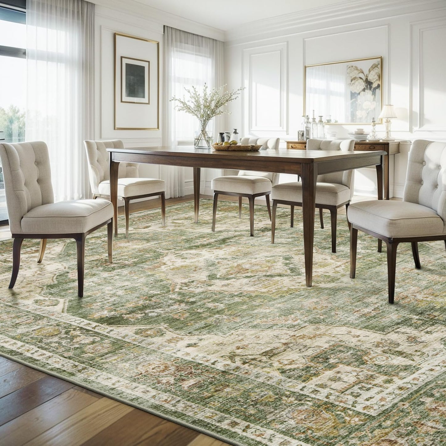 AMOAMI-3X5 Area Rug-Soft Washable Vintage Throw Accent Rugs for Living Room, Entryway, Bedroom, Kitchen, Bathroom, Laundry Room, Kitchen, Bathroom, Bedside, No Slip Green