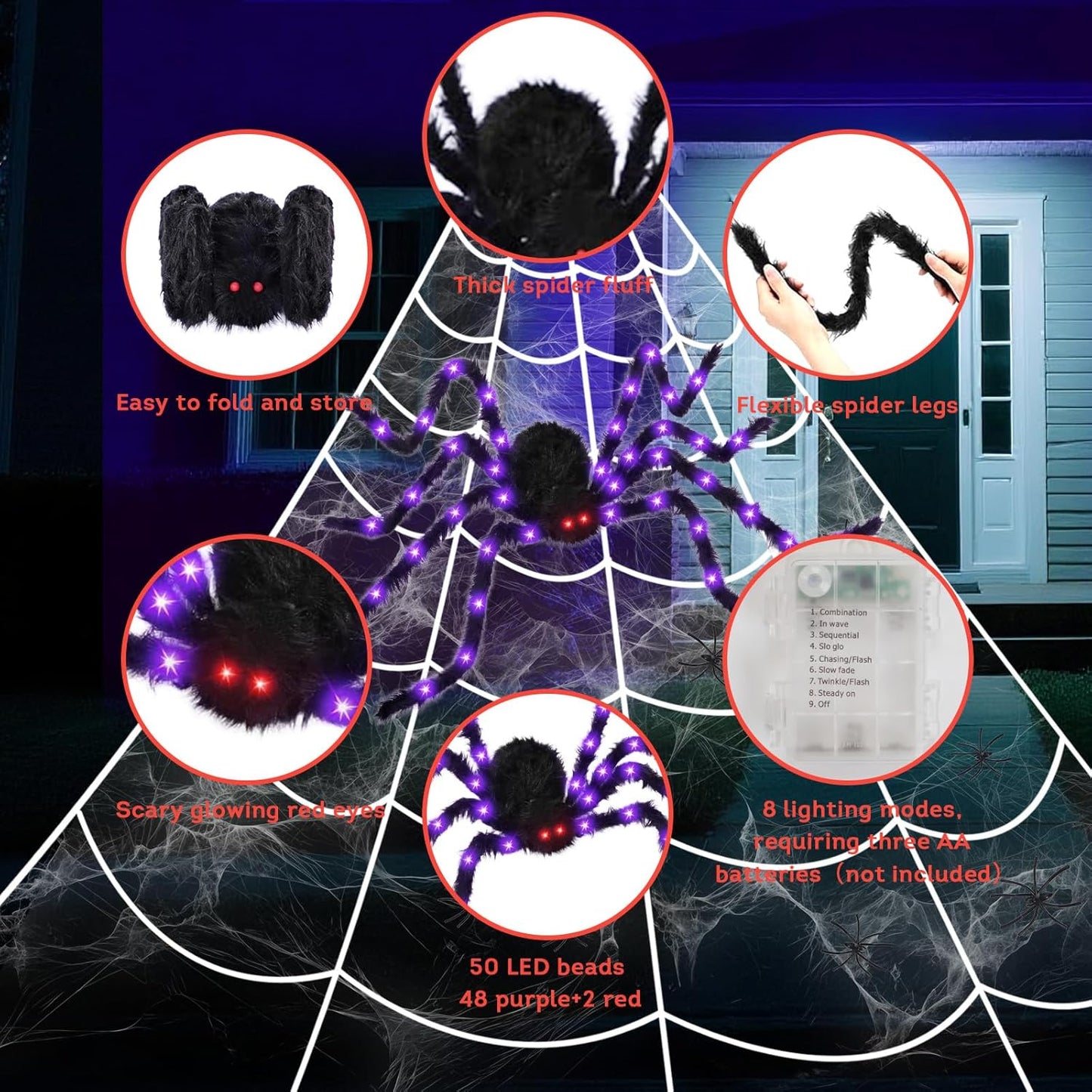 16.4 X 15.8Ft Giant Spider Web Halloween Decorations with 250 LED Lights, Halloween Spider Web Outdoor with 5Ft Large Spider, 3.53 Oz Stretch Web and 20 Small Spiders for Yard House Party Decoration