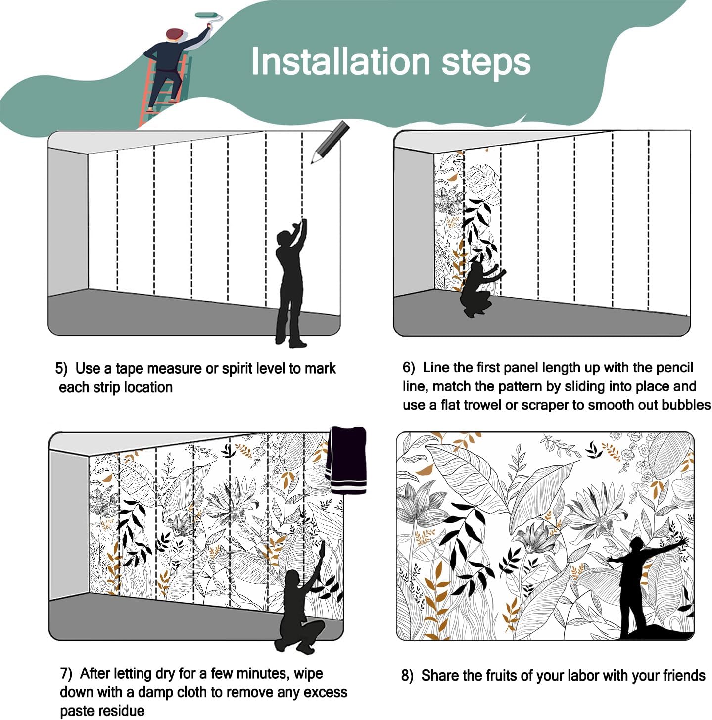 -Hand-Painted Flower Plant Fabric Wallpaper Simple Art Living Room 100" x 65" (Not Peel and Stick)