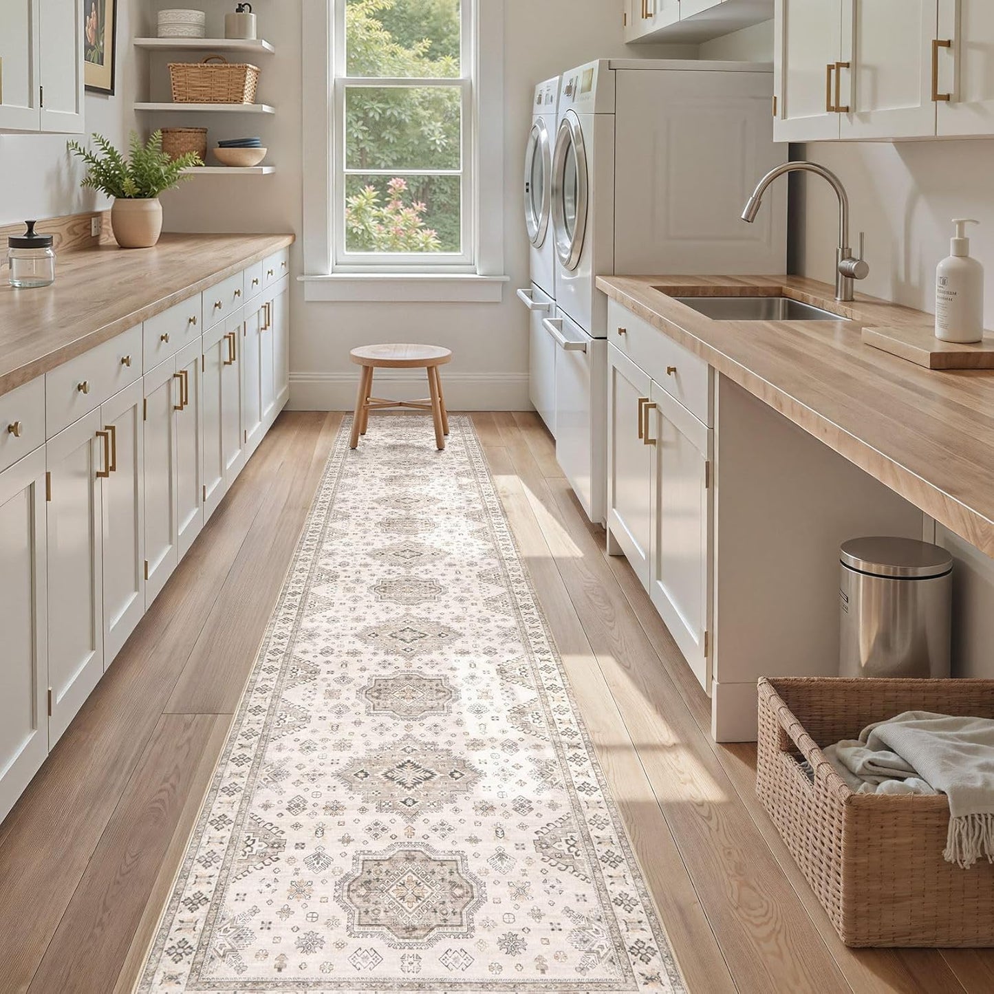 Washable 2.6x12 Runner Rug - Area Rugs Neutral Vintage Distressed Floral Farmhouse Boho Large Soft Floor Rug Indoor Carpet for Hallway Entryway Kitchen Home - Beige Brown