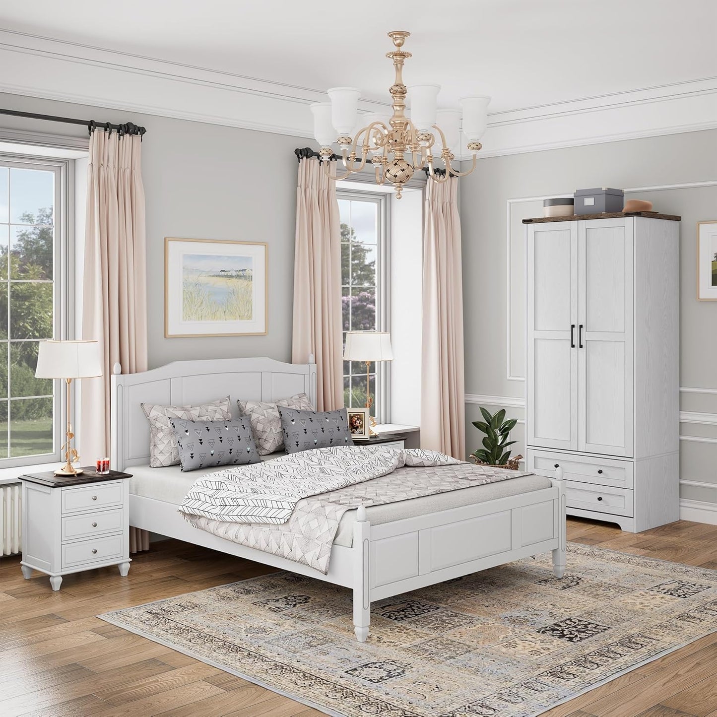 Brafab Armoire Wardrobe Closet with 2 Modern Doors, 71" Tall Freestanding Closet Wardrobe Cabinet with Drawers and Hanging Rail, Light Wooden Storage Cabinet with Shelve for Bedroom (White, 4 Doors)