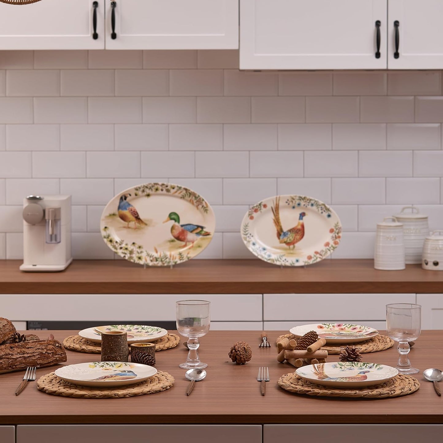 Bico Autumn Birds 16 plus 14 inch Oval Platters Set, Set of 2, Microwave and Dishwasher Safe, for Serving Fish, Chicken, Turkey