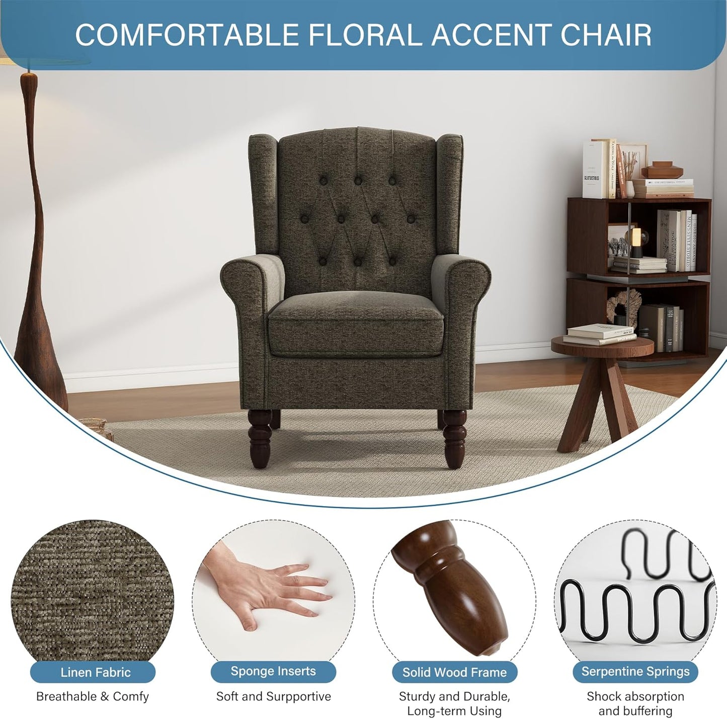 UIXE High Back Accent Chairs Set of 2, Upholstered Armchair in Fabric, Retro Wingback Arm Chair for Living Room, Comfy Single Sofa Bedroom Reading Seat with Solid Wood Legs - Taupe