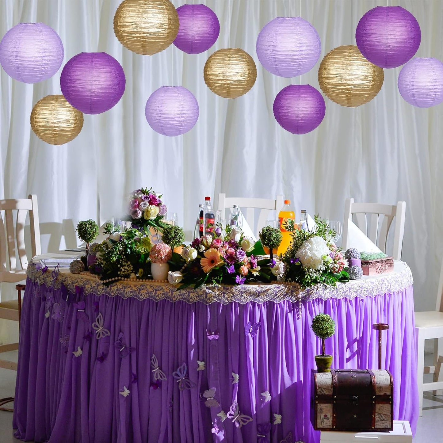 Paper Lanterns Decorative, Purple Lavender Gold Hanging Round Chinese Lanterns with Lights for Graduation Bachelorette Theme Birthday Party 12 LED Light Pack of 12
