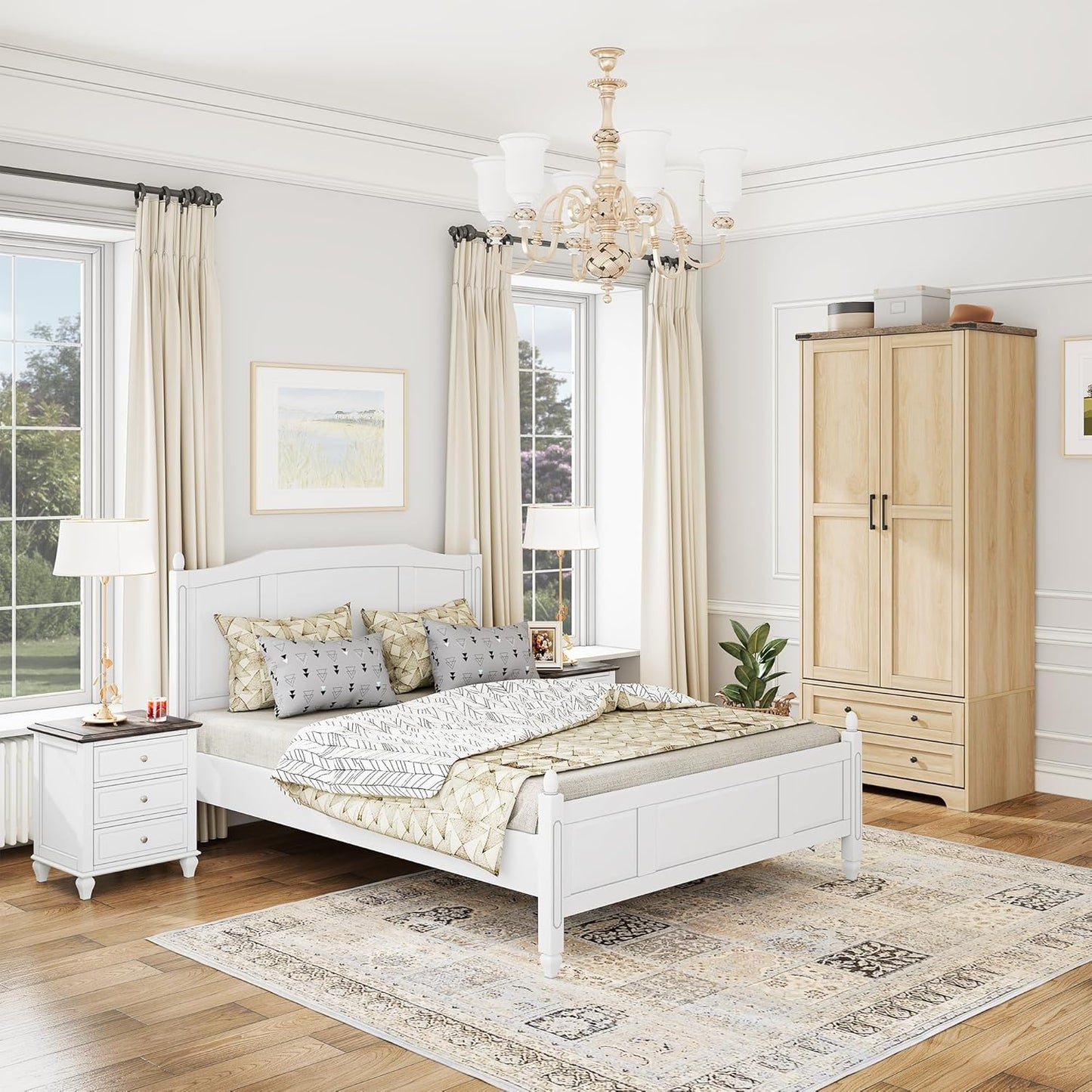 Brafab Armoire Wardrobe Closet with 2 Modern Doors Set of 2, 71" Tall Freestanding Closet Wardrobe Cabinet with Drawers and Hanging Rail, Wooden Storage Cabinet with Shelve for Bedroom,Natural