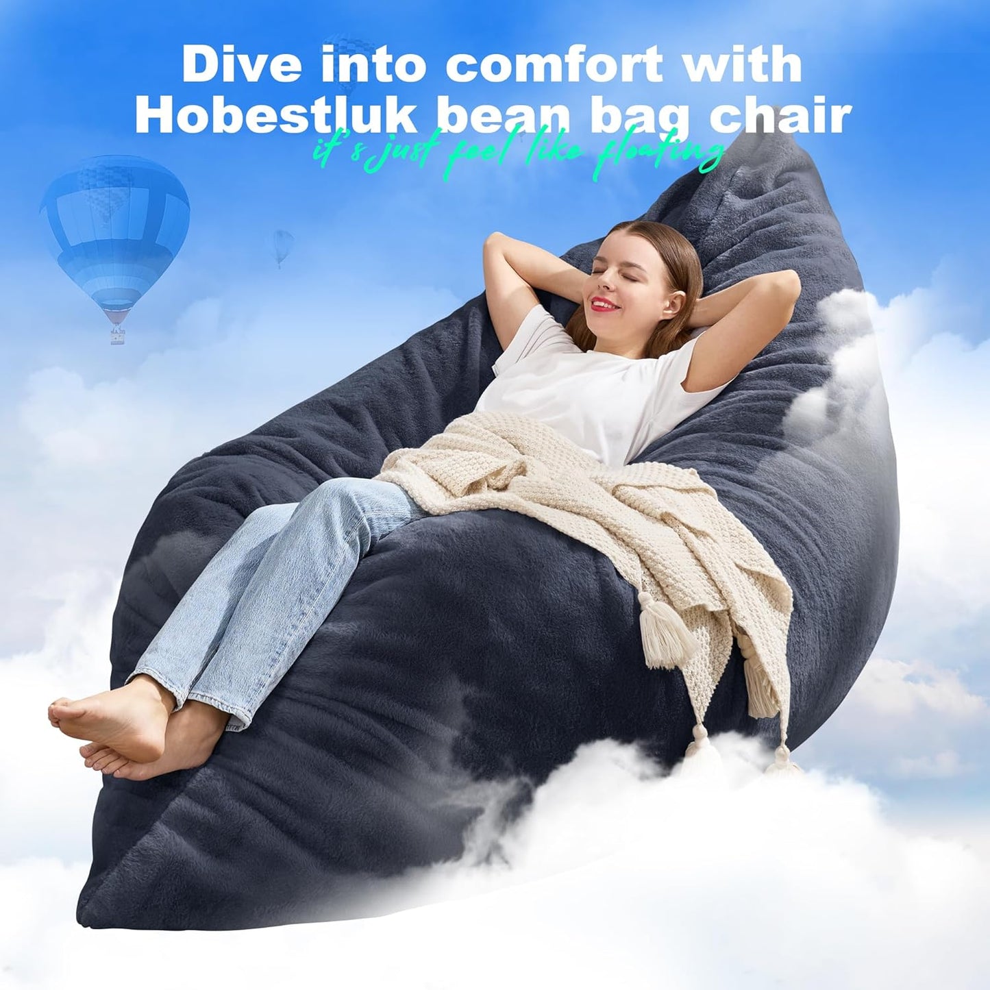 Hobestluk 3 in 1 Bean Bag Chair Giant Bean Bag Chairs for Adults with Plush Faux Fur Cover Convertible Bean Bag Floor Cushion with Machine Washable Cover for Living Room (Plush Dark Grey)