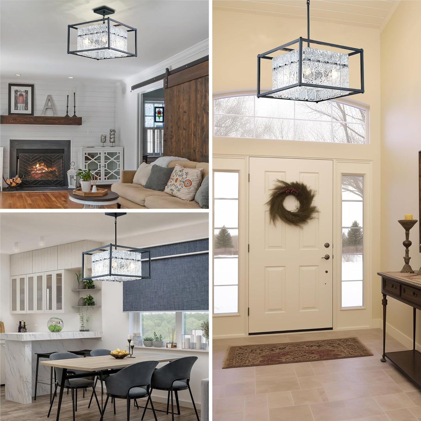 IKK Modern Foyer Chandelier, Black Crystal Chandelier for Dining Room, Square Entryway Light Fixture Hanging, Easily Adjustable Height Glass Chandeliers for Kitchen Island, Elegant Water Ripple