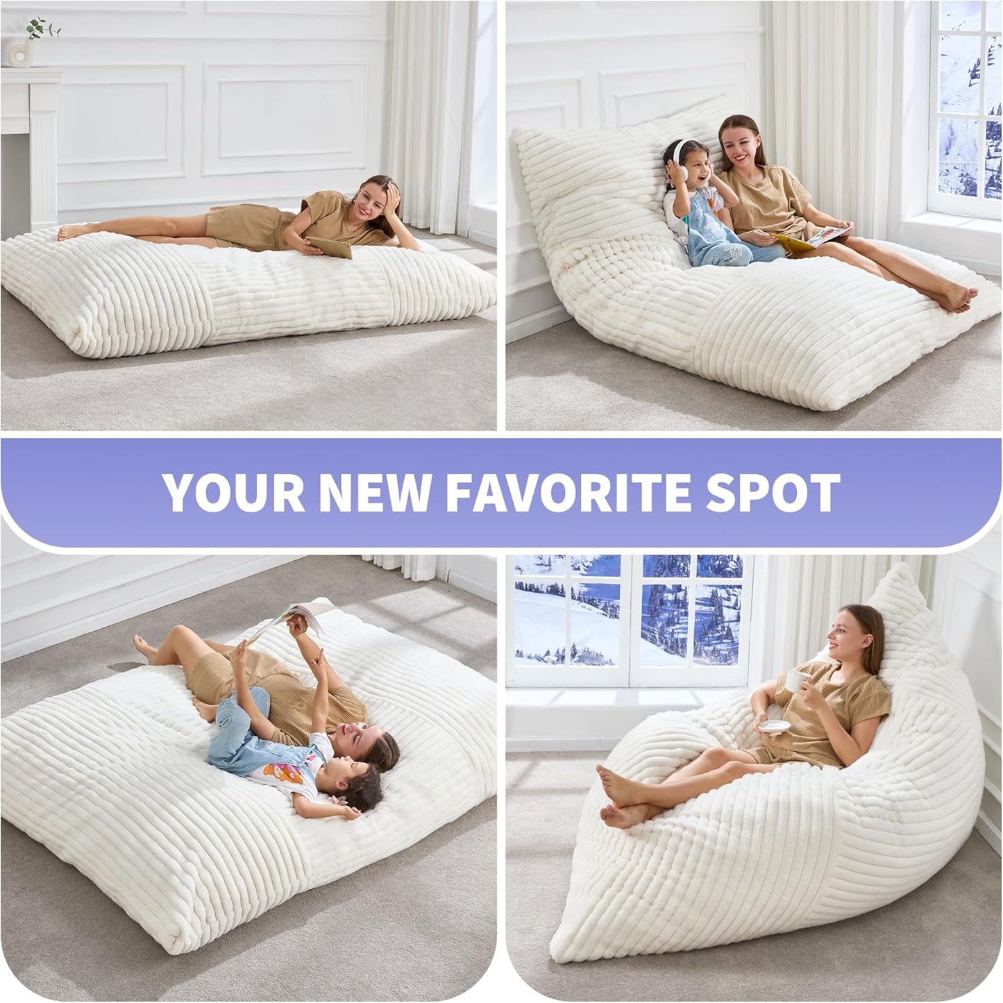 Hobestluk 3 in 1 Bean Bag Chair Giant Bean Bag Chairs Convertible Bean Bag Floor Cushion with Machine Washable Cover, Beanbag Chairs for Adult (White)