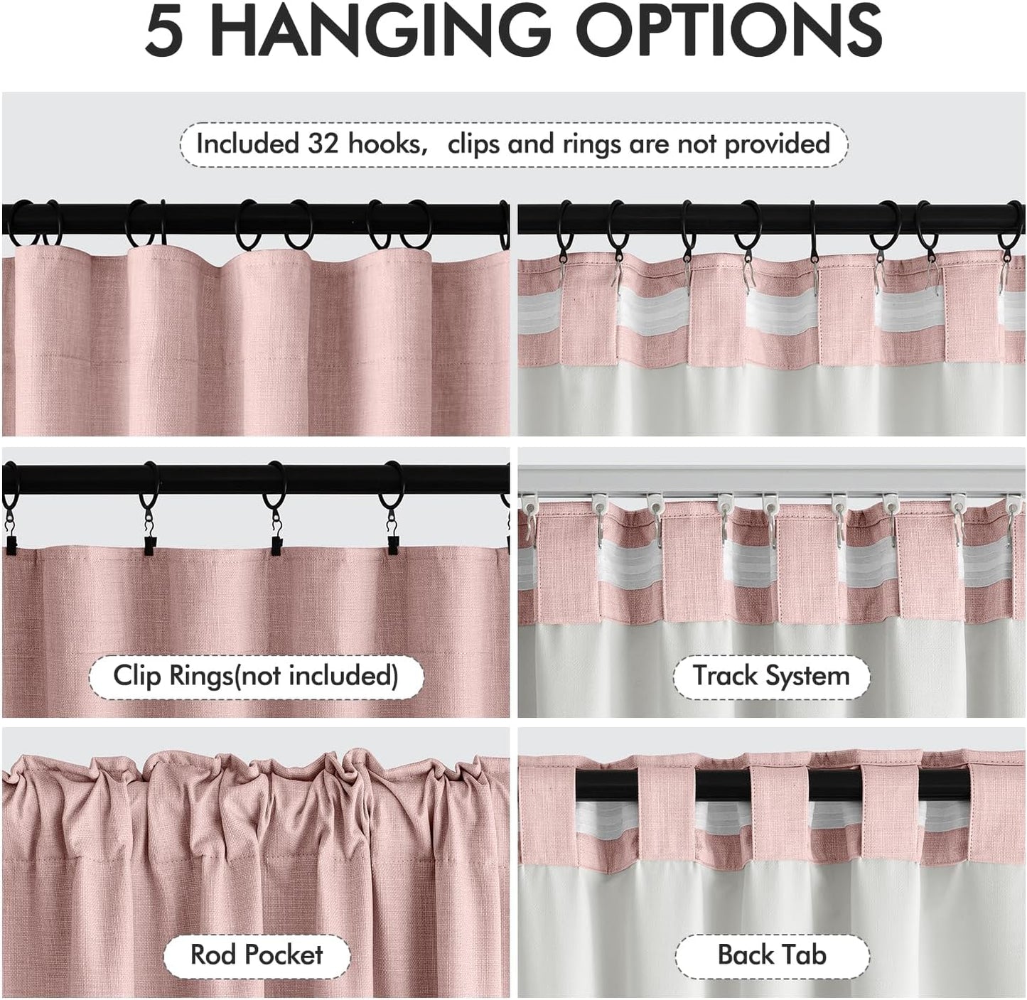 MIULEE 100% Blackout Curtains 96 Inch Long 2 Panels for Bedroom, Thick Faux Linen Black Out Curtain Room Darkening Back Tab Pleat Floor to Ceiling Window Drapes with Hooks for Living Room, Baby Pink