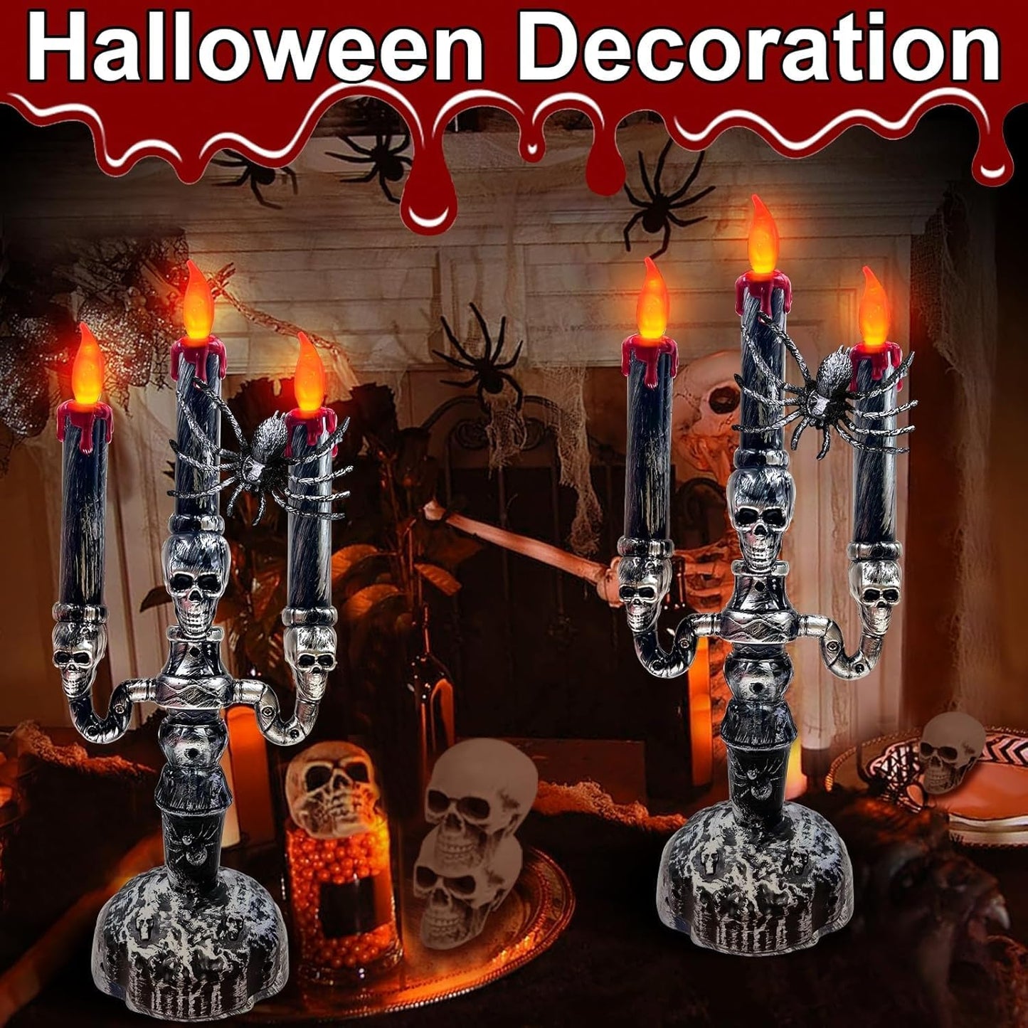 TURNMEON 2 Pack Halloween Candles Halloween Decorations LED Flame Less Candelabra 3-Flickering Lamp Light Up Battery Operated Candles Holder Spider Decor Indoor Table Home Haunted Party