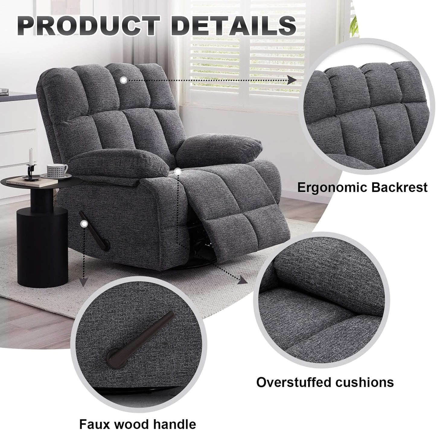 Oversized Swivel Rocker Recliner Chair for Adult, Rock Recliner for 350lb Big Man, Extra Wide Manual Recliners, Overstuffed Soft Rocking Sofa Chair,Light Grey