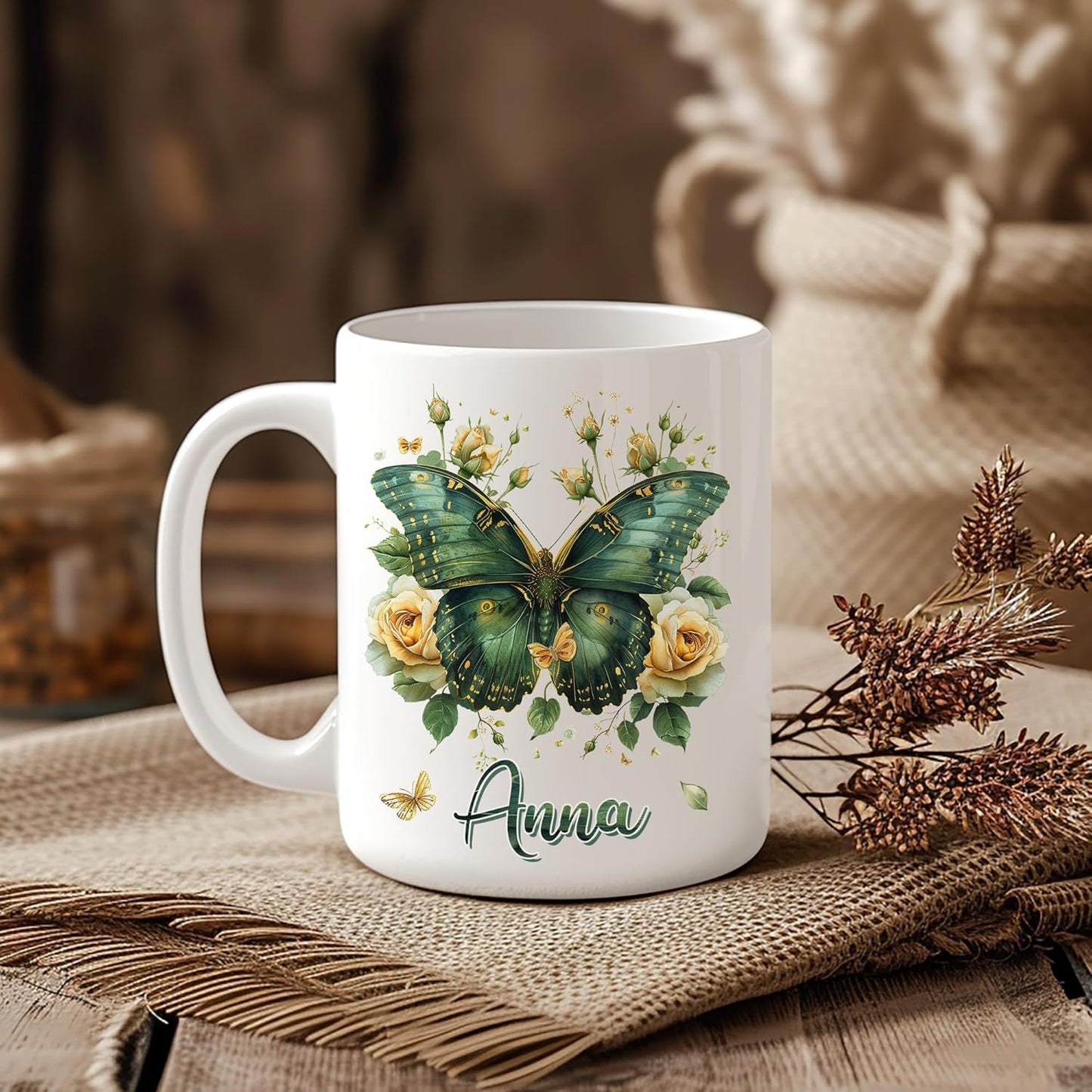 Hyturtle Personalized Floral Butterfly Mug - Butterfly Gifts For Women Lovers - Animal Gift For Bird Lover Her - Bird Gifts For Mom on Mother Day - Custom Name Coffee Cup Ceramic Mug 11 Oz 15 Oz