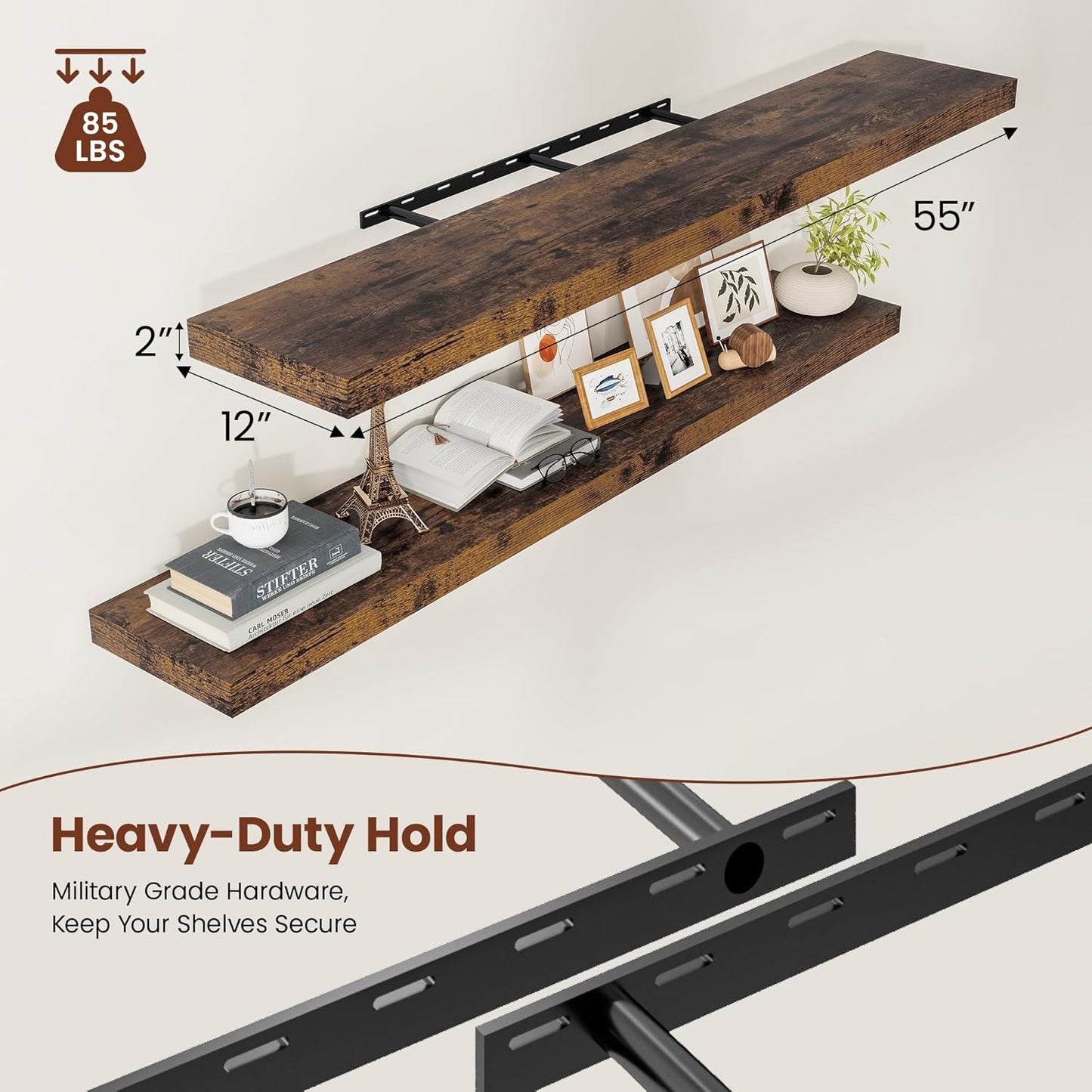 12" Deep Floating Shelves for Wall 55 Inches Long, Heavy Duty Wall Shelves for Bedroom Bathroom Kitchen Laundry Room, Farmhouse Rustic Shelves for Home Decor, 55" X 12" X 2" Set Of 2, Rustic Brown