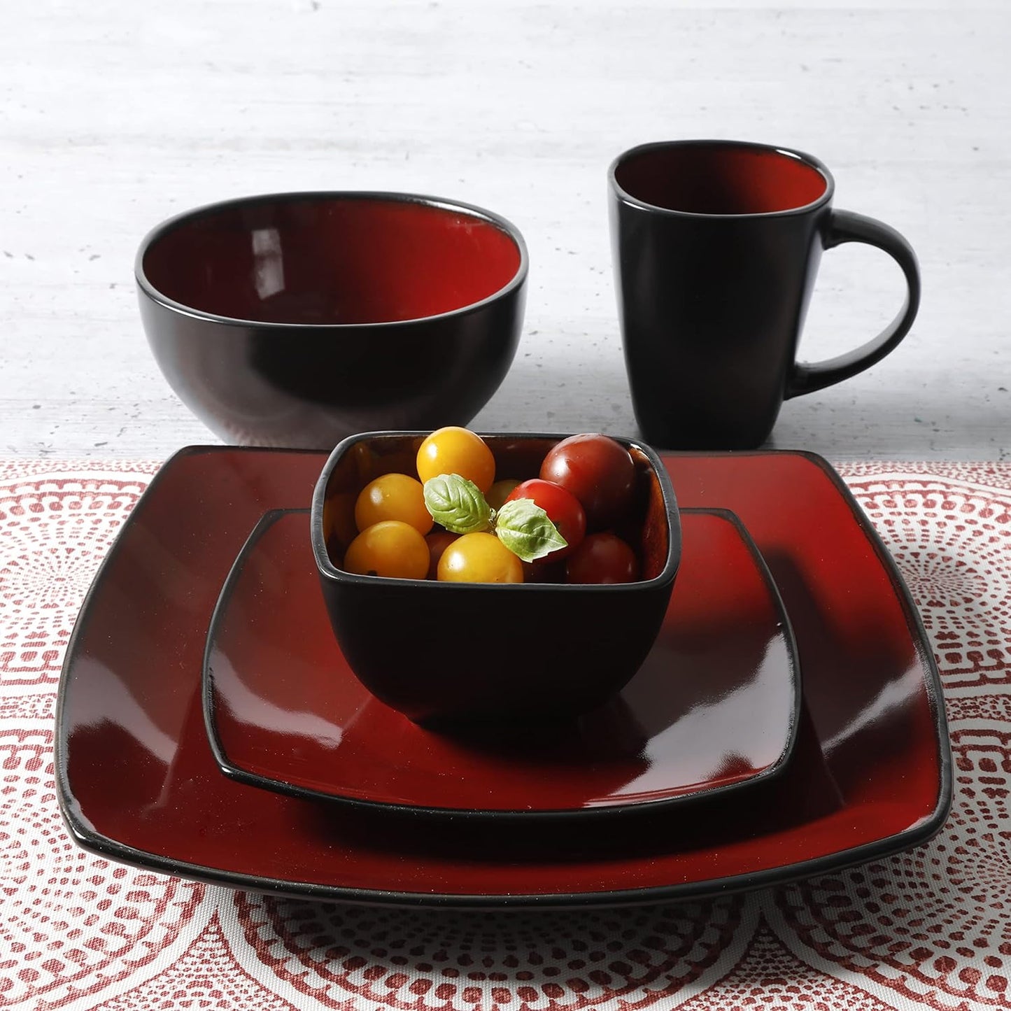 Gibson Elite Soho Lounge Square Reactive Glaze Stoneware Dinnerware Set, Service for 8 (40pc), Red/Black