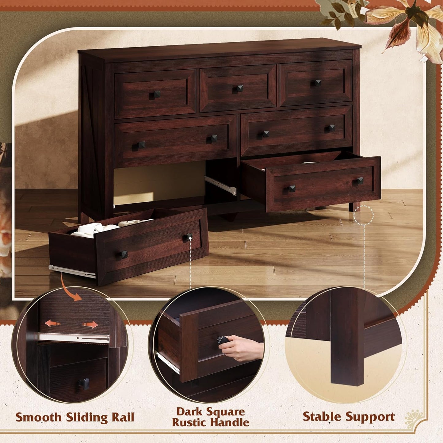 WLIVE Farmhouse Dresser for Bedroom, 51.18'' Wide 7 Drawer Wood Dresser, TV Stand for 65 inch TV, Wooden Chest of Drawers for Bedroom, Modern Clothes Organizer for Living Room, Hallway, Rustic Brown