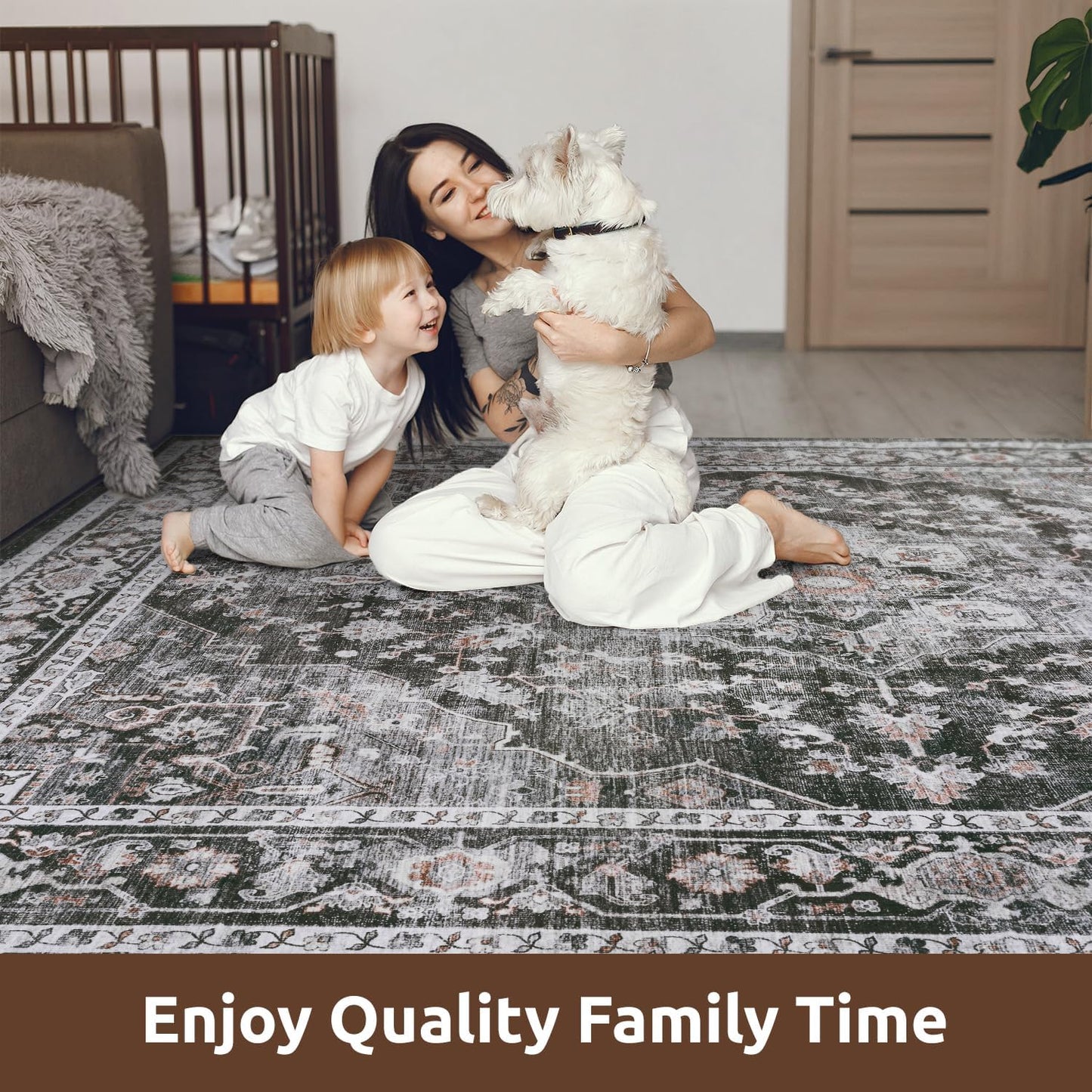 AMOAMI-Area Rug 9X12 Rugs for Living Room-Vintage Soft Black Rugs for Bedroom-Non Slip Carpet-Washable Rug for Dining Room Living Room Bedroom Office Under Table,Dark Grey & Black