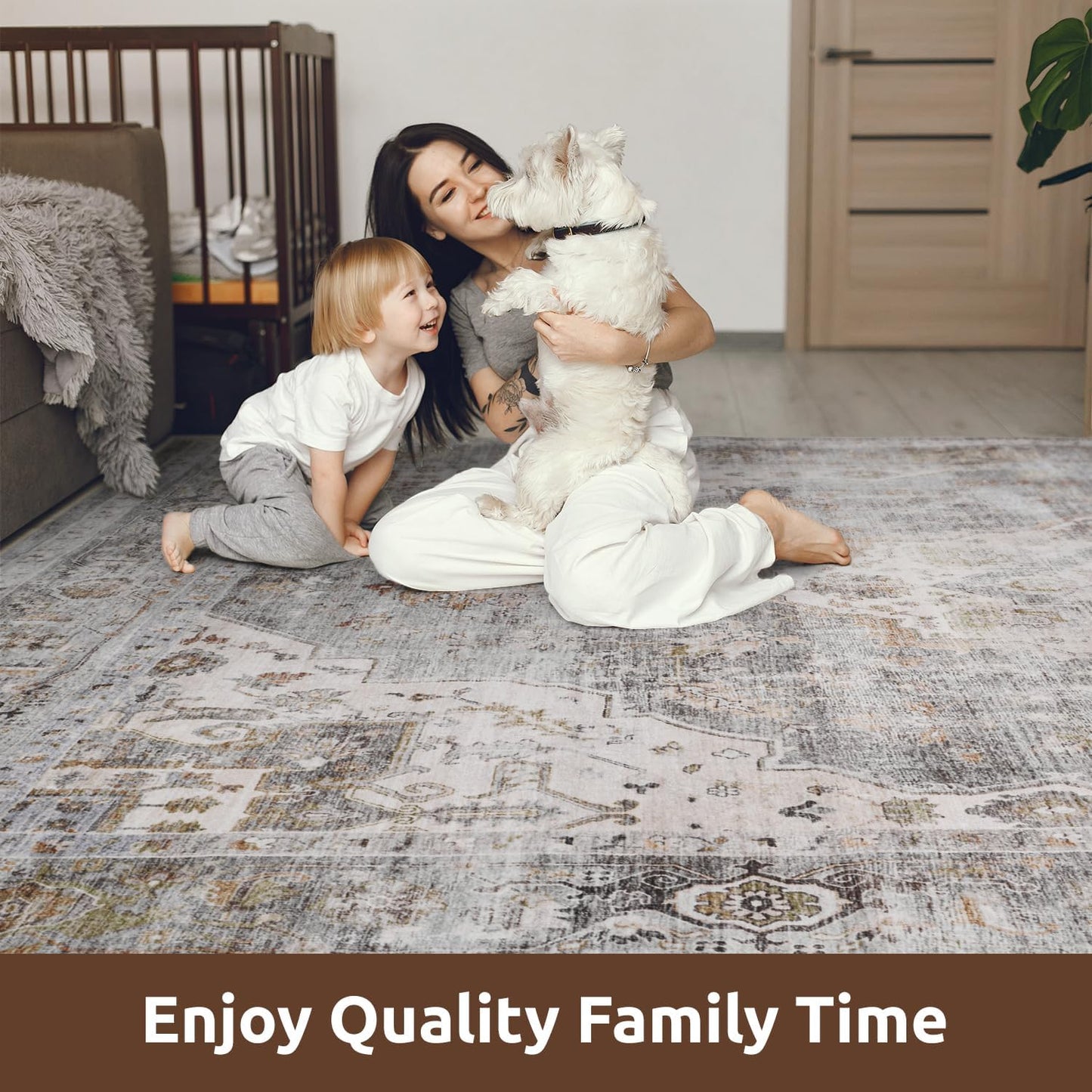 AMOAMI-3X5 Area Rug-Soft Washable Vintage Throw Accent Rugs for Living Room, Entryway, Bedroom, Kitchen, Bathroom, Laundry Room, Kitchen, Bathroom, Bedside, No Slip Grey