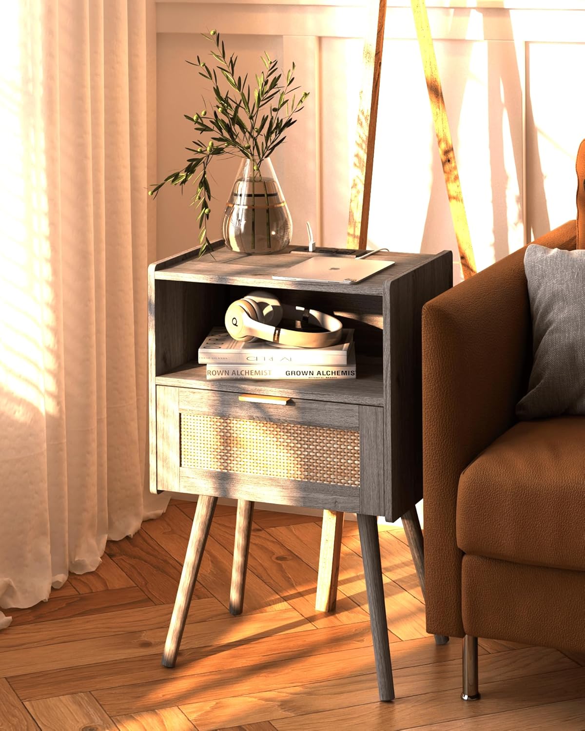 Rattan Nightstand with Outlet,Modern Bedside Table with Storage Drawer and Open Wood Shelf, for Living Room, Bedroom and Small Spaces, Accent Night Stand with Solid Wood Legs,Grey Oak