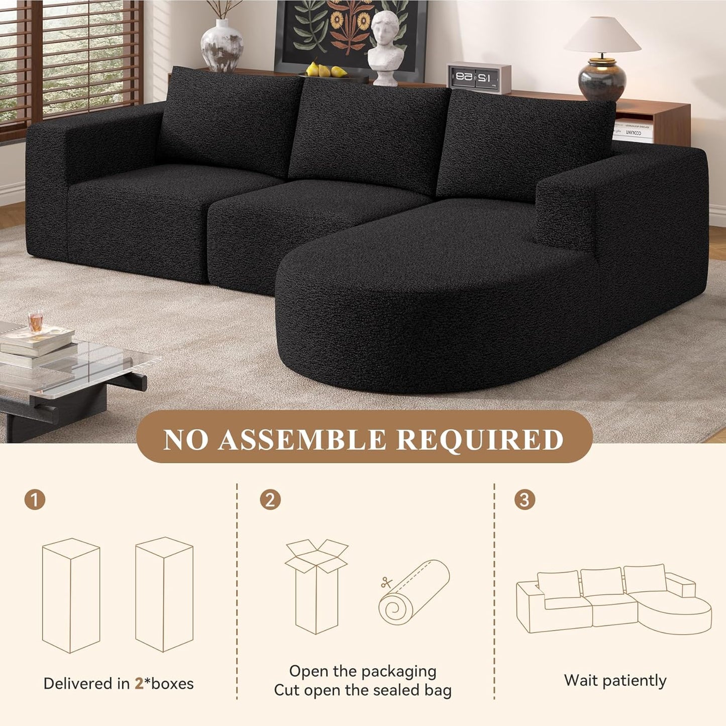 Modular Sectional Sofa with L-Shape Chaise,Cloud Sectional Modern Sleeper Couch with Deep Seat,Sponge Compression Sofas No Assembly Required(Black-Sherpa Fabric) 1PCS