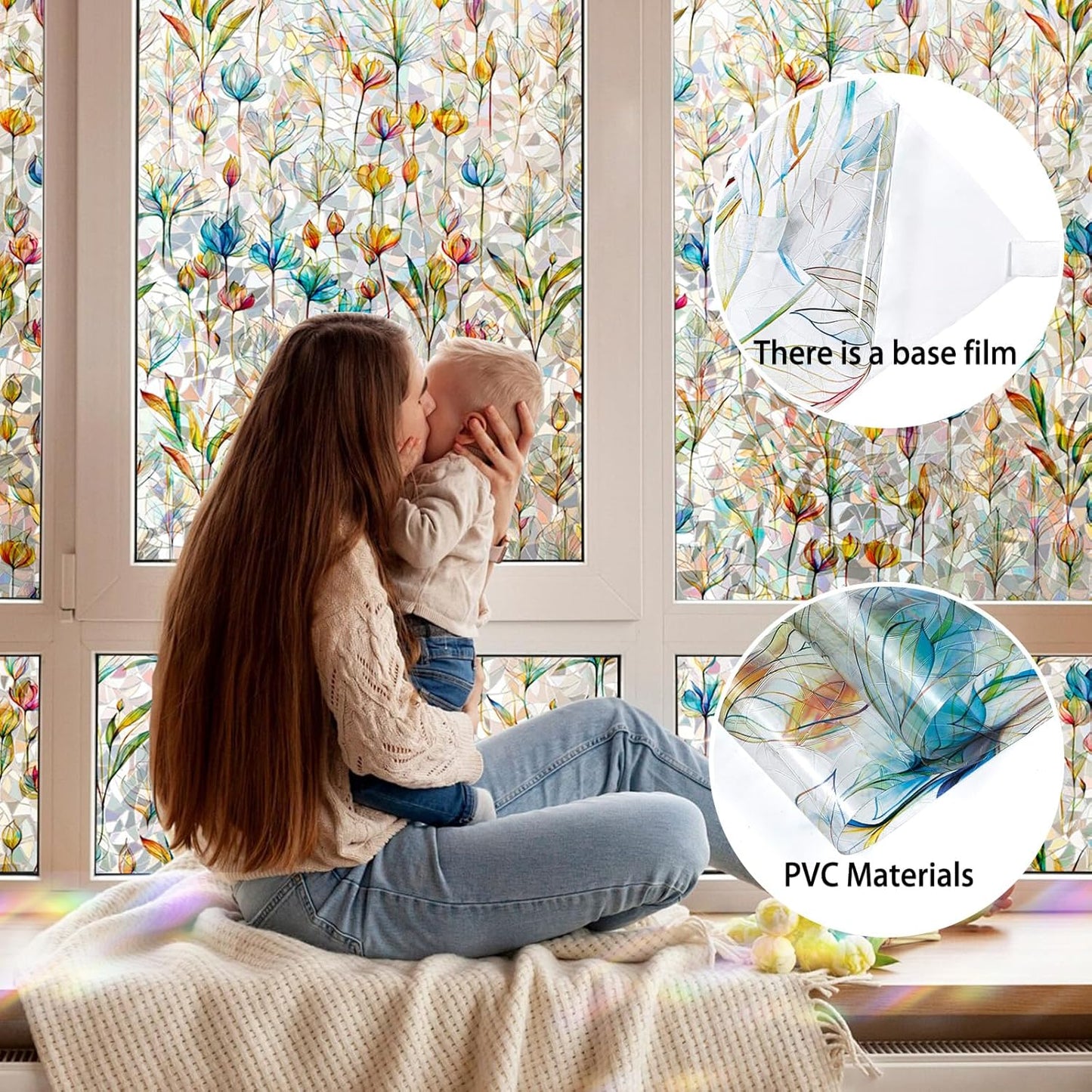 Rainbow Window Privacy Film 3D Floral Decorative Stained Glass Window Film Anti UV Non-Adhesive Reusable 17.5" x 157.4" for Home Room Car Glass Cling