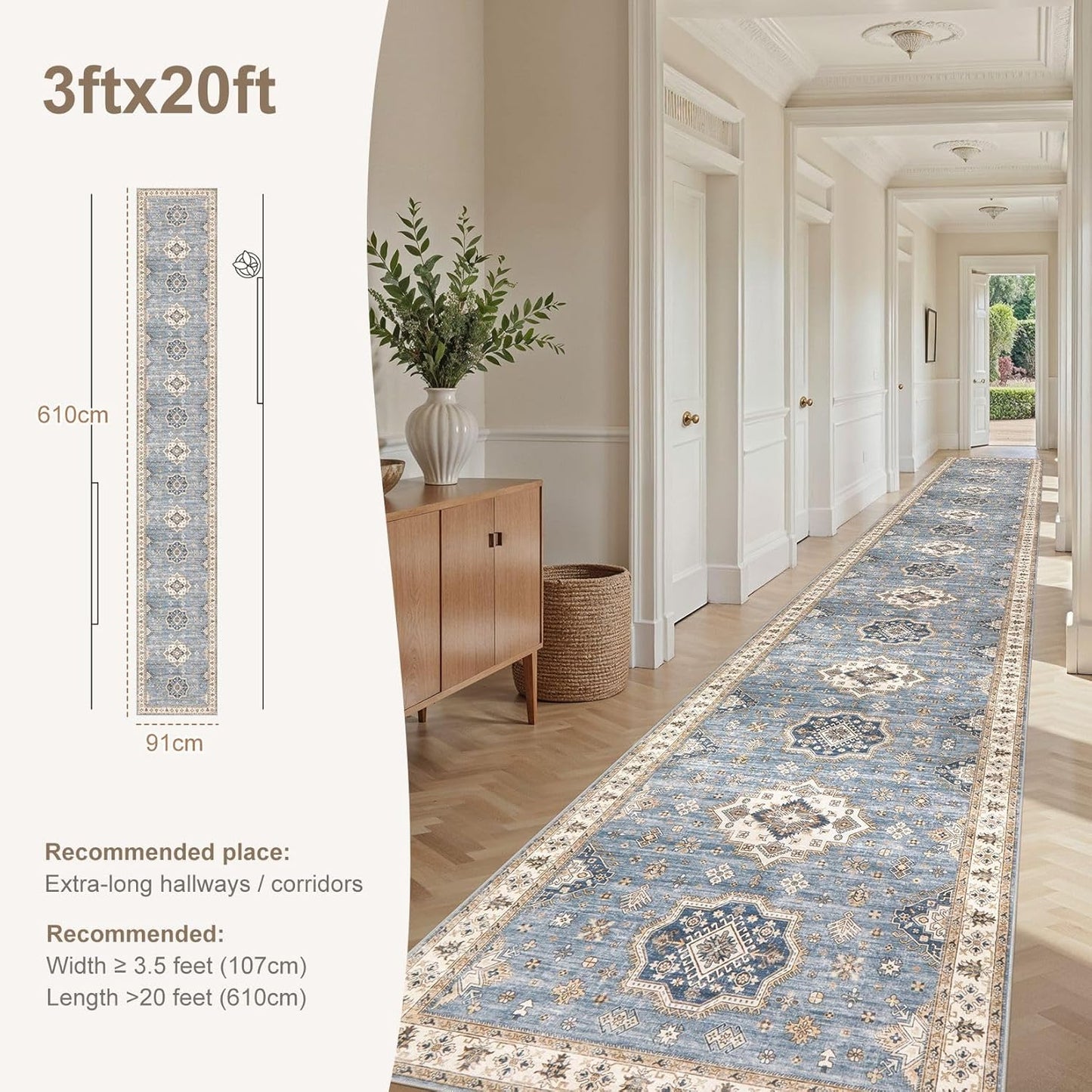 Washable 3x20 Runner Rug - Area Rugs Neutral Vintage Distressed Floral Farmhouse Boho Large Soft Floor Rug Indoor Carpet for Hallway Entryway Home - Blue