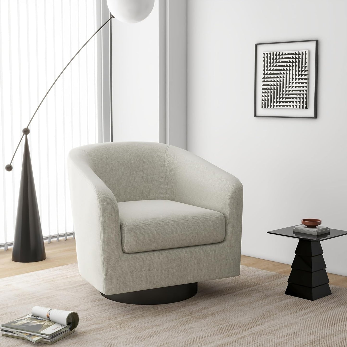 Swivel Barrel Accent Chair, Modern Round Linen Arm Chair for Living Room, Bedroom, Comfy Club Reading Chairs for Adults(Linen Fabric, Beige, Set of 1