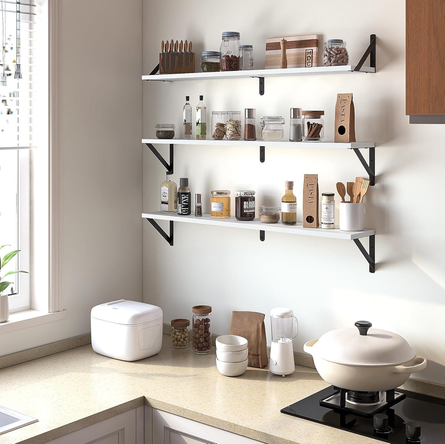 Heimlove Floating Shelves for Wall, 36 Inch Long Wood Floating Bookshelf Set of 3, Wall Mounted Hanging Shelf for Bathroom Bedroom Kitchen, White