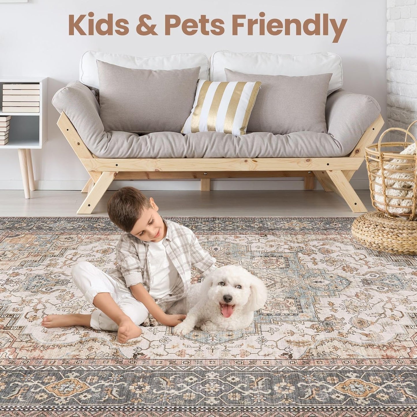 Washable Area Rugs for Living Room - 10x12 Neutral Vintage Distressed Floral Farmhouse Boho Large Soft Floor Rug Indoor Non Slip Carpet for Living Room Bedroom Dining Room Office - Forest Green Orange