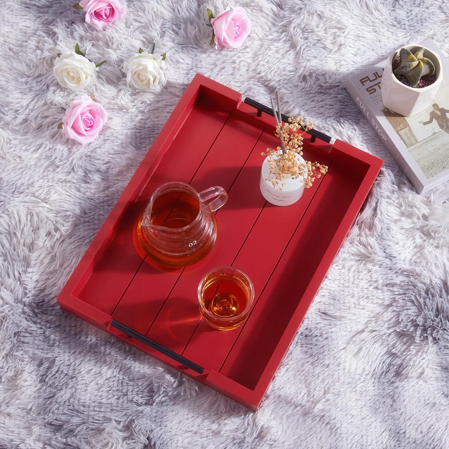 Coffee Table Decorative Serving Tray - 17x13 Inch Wood Tray with 4 Wooden Coasters - Ideal for Ottoman, Breakfast