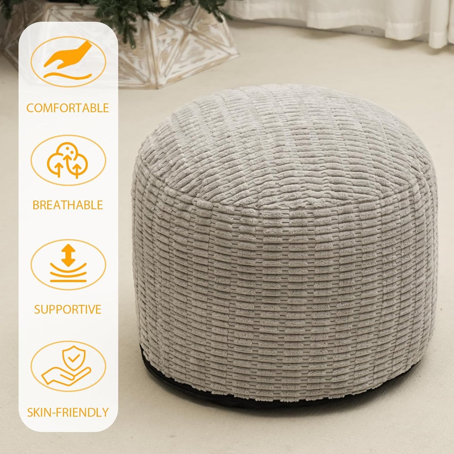 Round Stuffed Pouf Ottoman for Foot Rest, Storage Ottoman Pouf Foot Stool Cushion, Faux Fur Poufs with Foam Chunk Filling, 26 X 18 Inch Floor Chair for Living Room Bedroom Home Decor, Light Gray