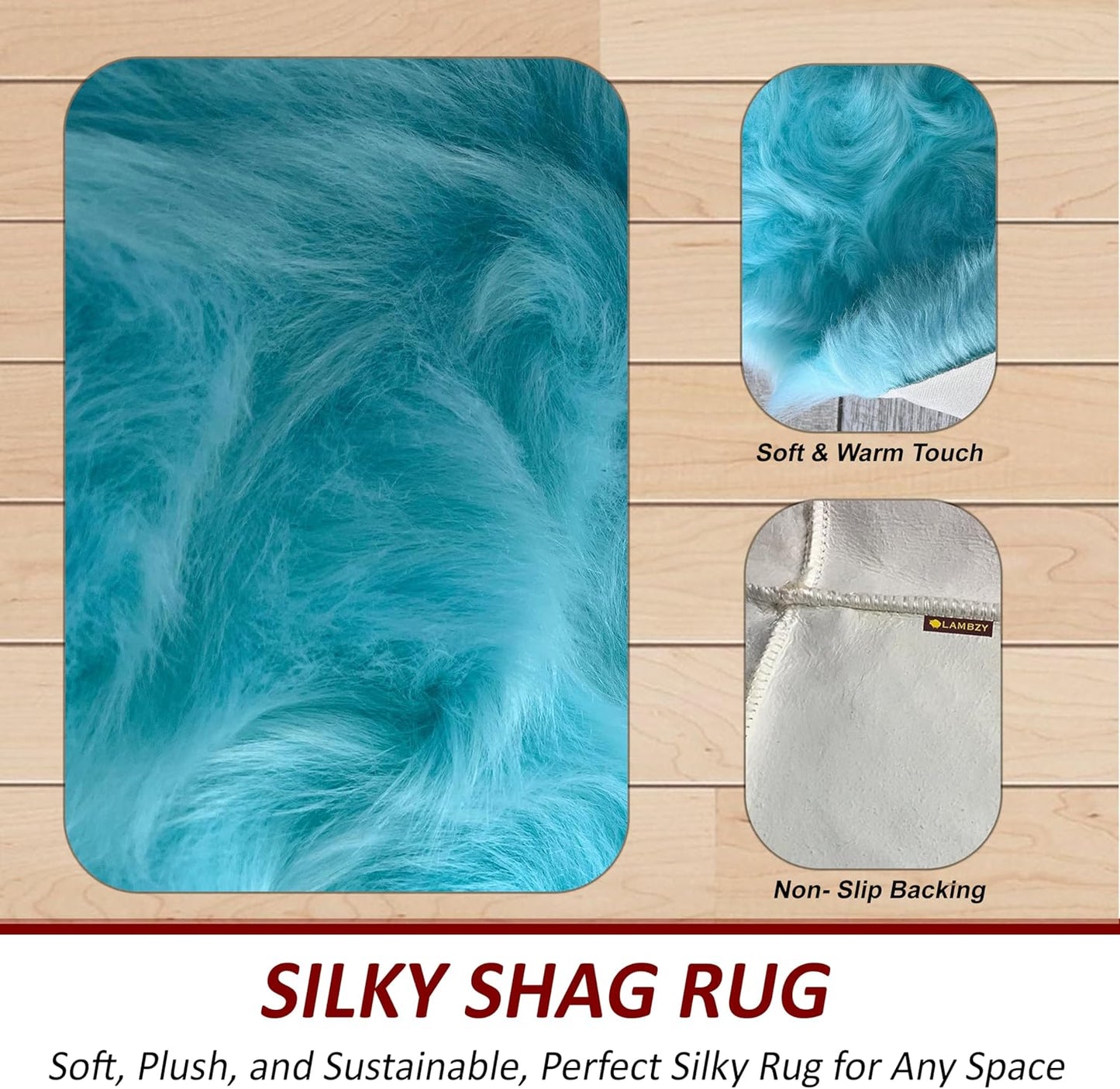 LAMBZY Faux Sheepskin Super Soft Hypoallergenic Free Shape Silky Shag Rug, Luxury Shaggy Plush Carpet for Bedrooms Living Kids Room Sofa Rugs (Blue, Triple Side by Side 3'x6')