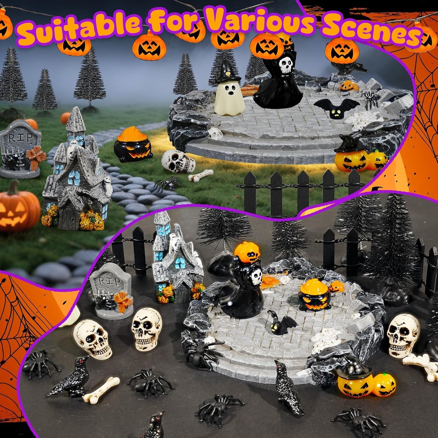 Hiawbon 30PCS Halloween Mini Village Set, Village Ornaments Miniature Decorations, Resin Miniature Spider Coffin Spiders Pine Trees Fence for Halloween Decor