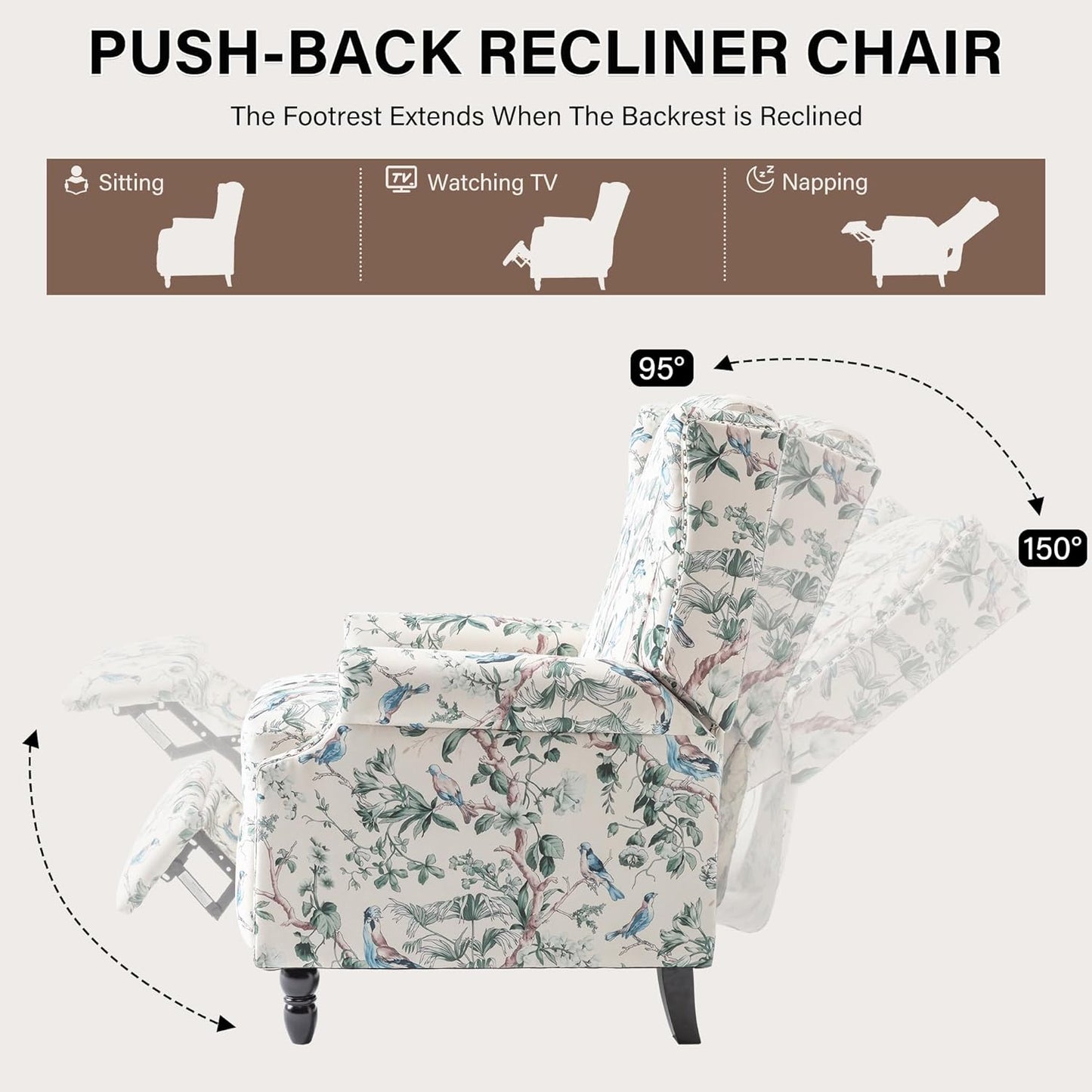 UIXE Floral Pushback Recliner Chair, Fabric Upholstered Armchair Push Back Accent Chair for Living Room, Rivet Trim Club Chair Home Theater Single Sofa Reading Seat - Bird