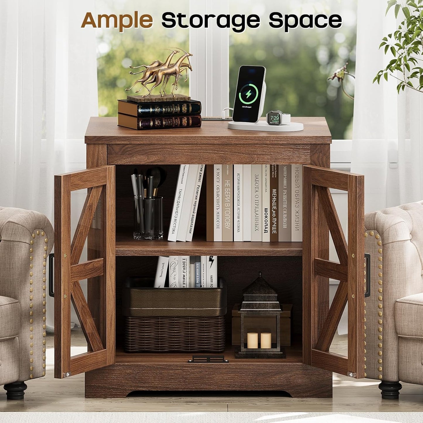 Farmhouse Side Table - 24" Large Night Stand Set 2, Wood Nightstand with Charging Station, Bedside Table with Adjustable Shelf, End Tables Living Room, Rustic Bed Side Tables Bedroom, Walnut