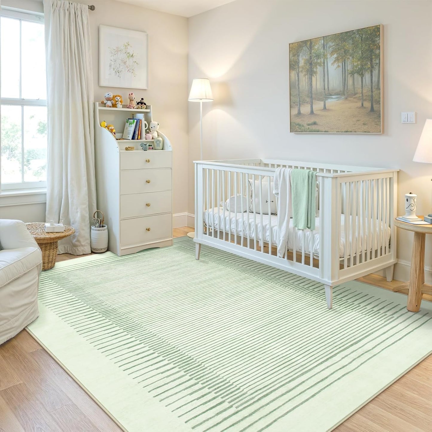 Wonnitar Washable Striped 5x7 Living Room Area Rug, Non-Slip Green Berber Stripe Rugs for Bedroom, Low Pile Soft Minimalist Floor Carpets for Kids Nursery Room Dining Room (Green,5' x 7')