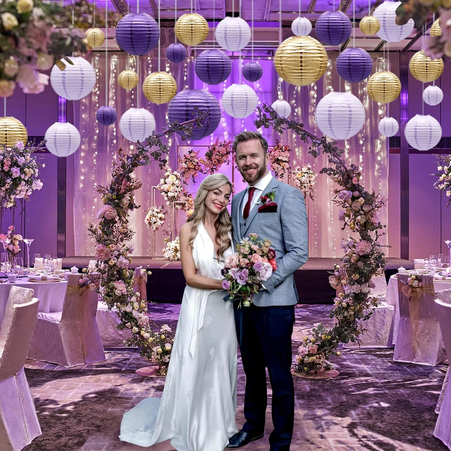 ADLKGG Paper Lanterns Decorative, Round Hanging Lanterns Party Supplies for Graduation Bachelorette Gender Neutral Baby Shower Birthday Party Decorations Purple/Lavender/Gold 21pcs