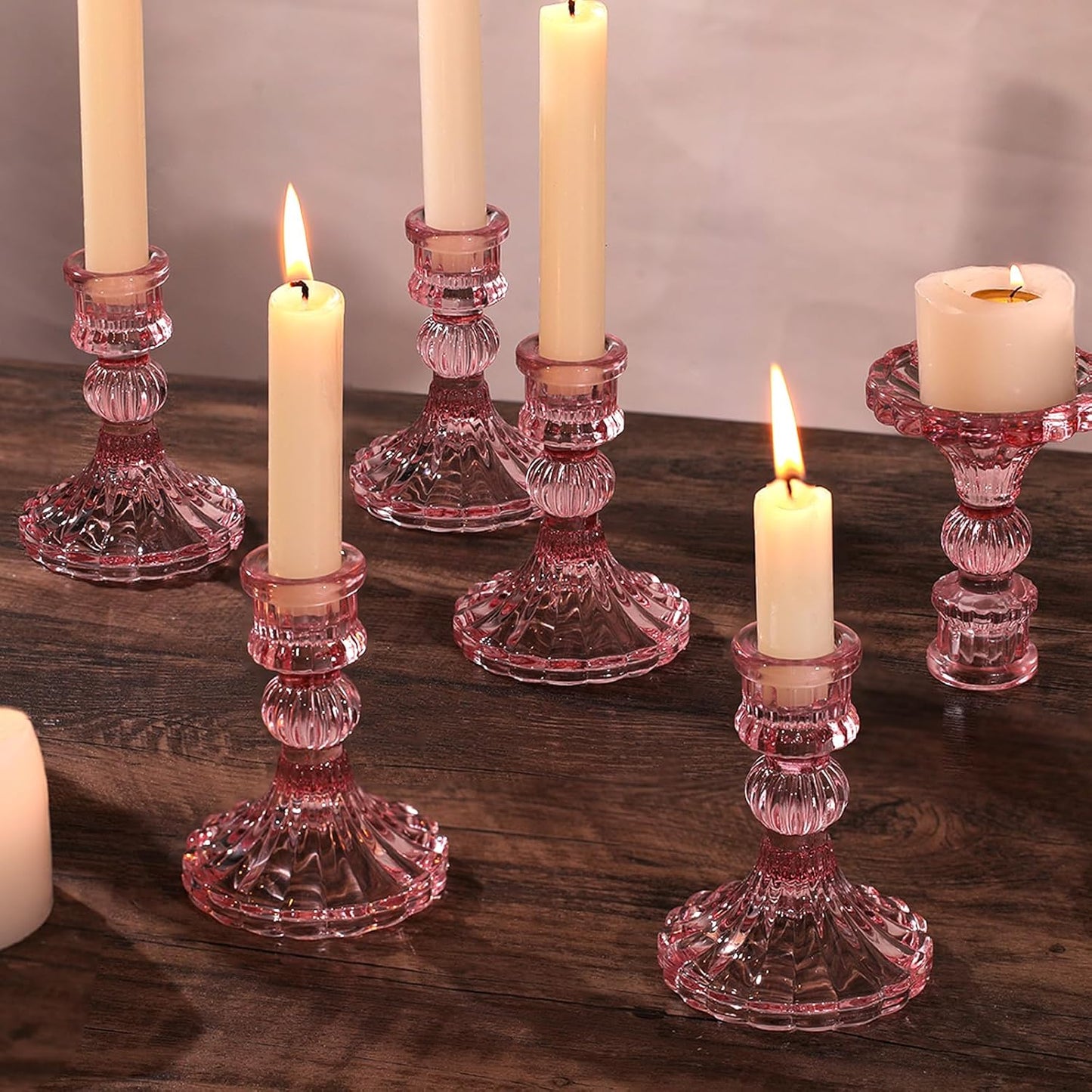 12PCS Pink Candlestick Holders Set- 4" H Taper Candle Holders, Glass Candle Holders Bulk for Wedding, Party, Home Table Centerpieces, Festival Gifts & Windowsill Decor