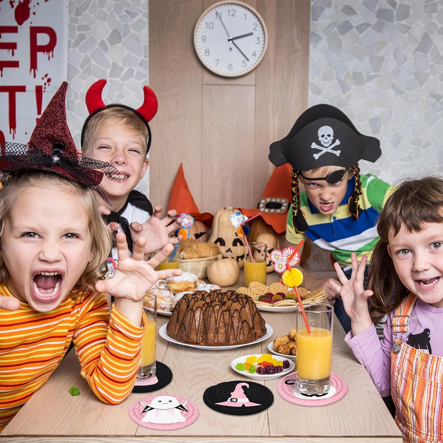 Whaline Halloween Handmade Braided Cotton Coasters Pink Cute Ghost Boo Black Cat Drink Coasters Absorbent Cup Coasters for Halloween Party Home Office Decor, Set of 4