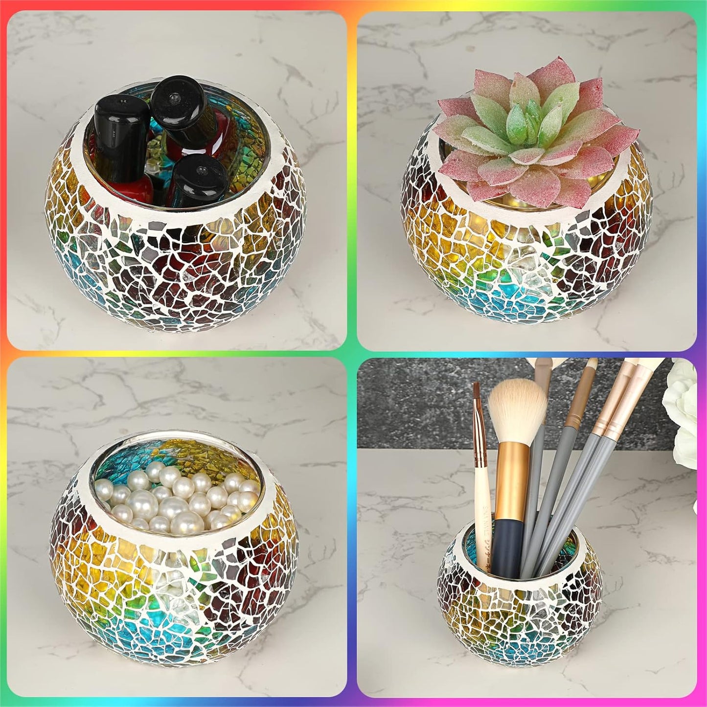 OwnMy Set of 3 Colorful Mosaic Glass Tea Light Holders Round Bowl Votive Candle Holders Pillar Candle Stands, Glass Mosaic Tealight Holders Potted Plant Bowl Vase Candle Centerpiece for Table Wedding